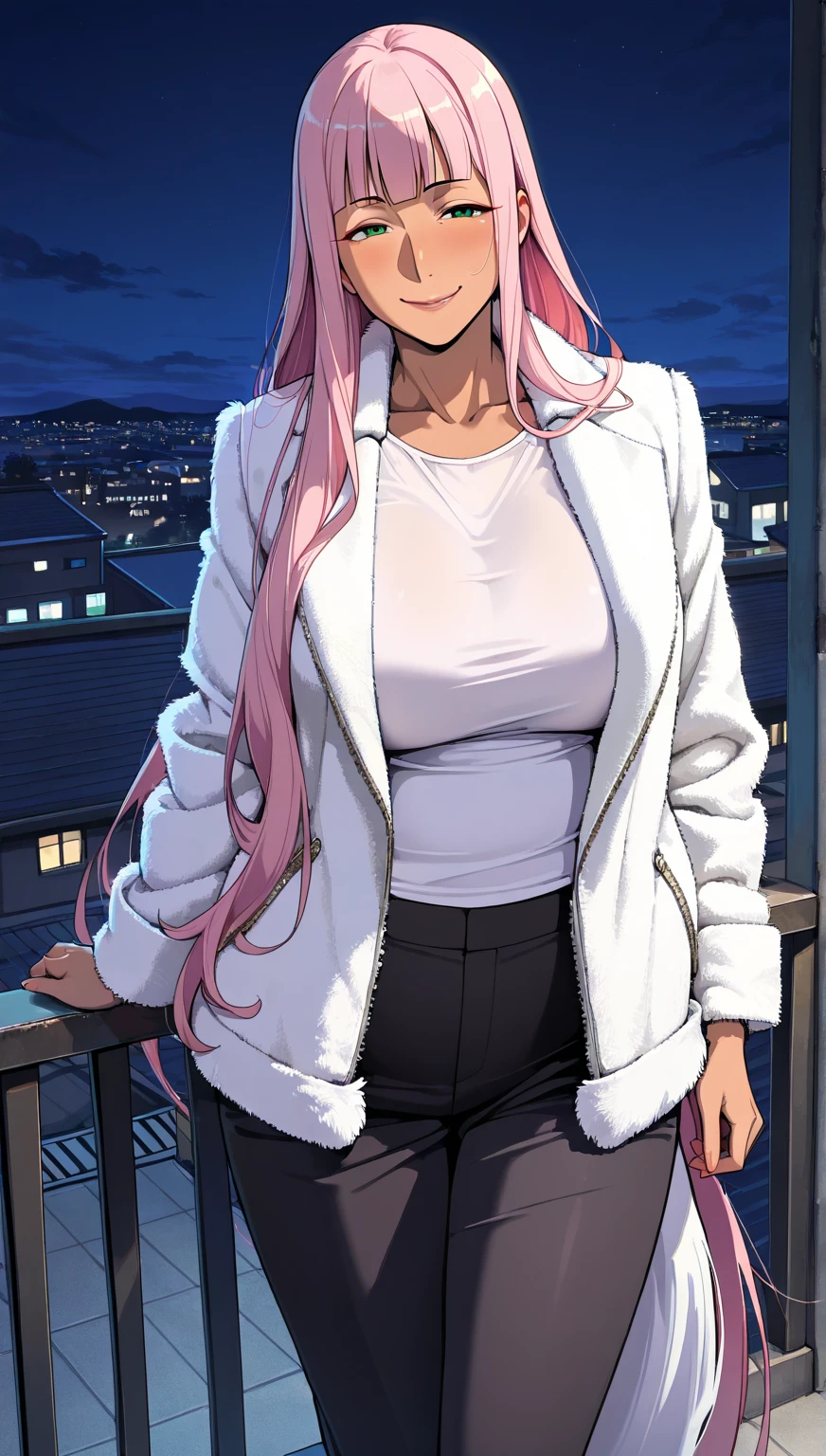 high res, ultrasharp, 8K, masterpiece, looking at viewer, photograph from behind, tight dress, thicc ass, wearing Yokata, pink hair, seductive smile, beautiful face, sitting, minimalist coloring