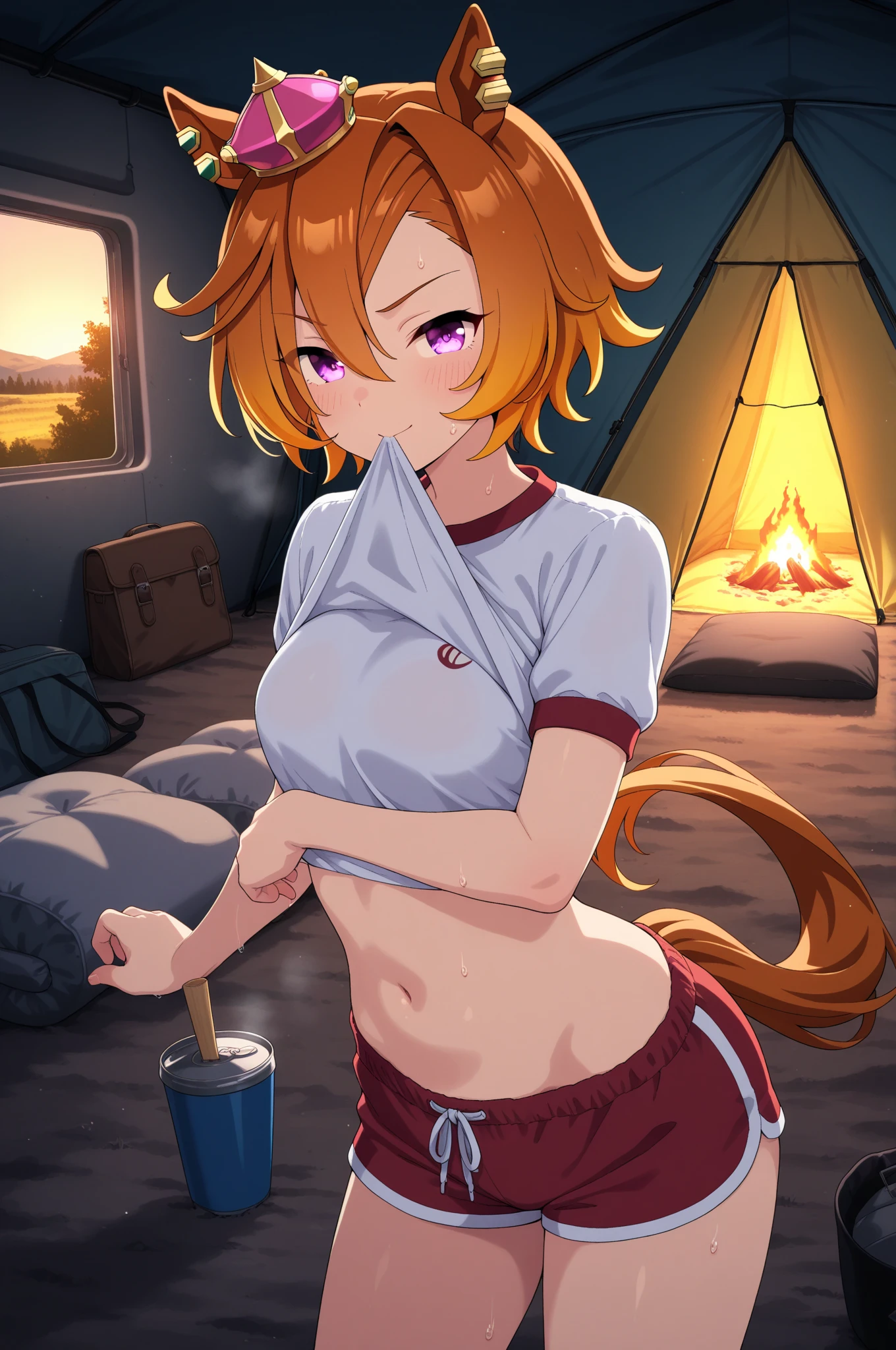 ((best quality)), ((masterpiece)), (detailed), perfect face, 18yo  girl, skinny waist, skinny thighs, (((embarrassed:1.5)), (((blushing:1.3))), (((topless))), white pyjama shorts, ((campfire at night)), standing, brunette, braid, ((arms behind head)), bare feet