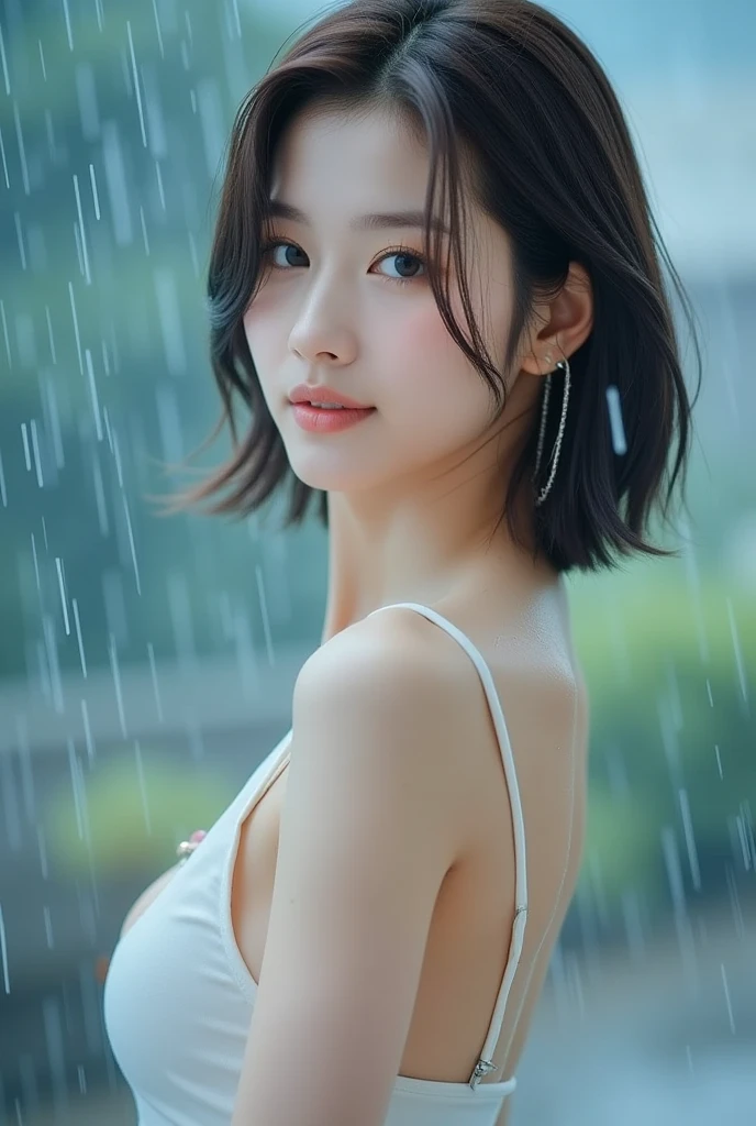 ((Best quality, 8k, Masterpiece: 1.3)), Sharp focus: 1.2, A beautiful woman with perfect body: 1.4, Slim abdomen: 1.2, ((Layered haircut, Large breasts: 1.2)), (no bra) (Small and beautiful hard nipple) (Thin and damp button up to shirt length: 1.1), (White shirt wet by rain), (Rain, Street: 1.2), Wet body: 1.1, Highly detailed face and skin texture, Detailed eyes, Double eyelid, tanned skin, sexy, tan, dark skin, tanned body, exposed shoulders, cleavage