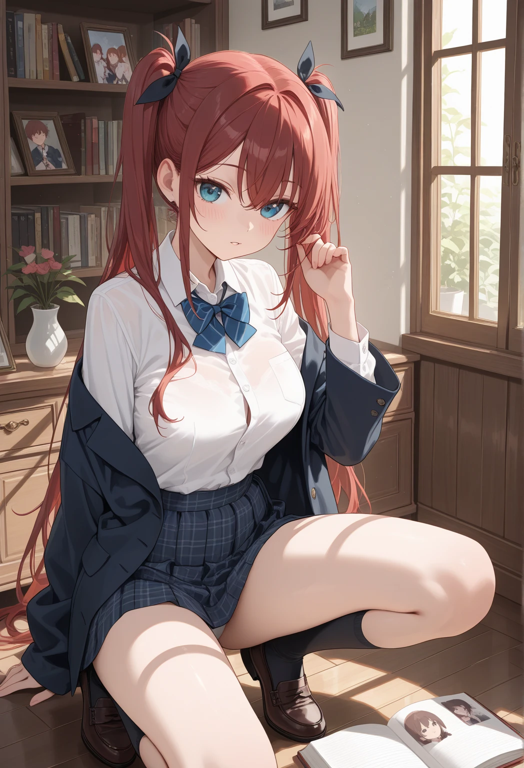 One girl、Red Hair、Green Eyes、Bloomers at school、Woman wearing maya at home、nsfw