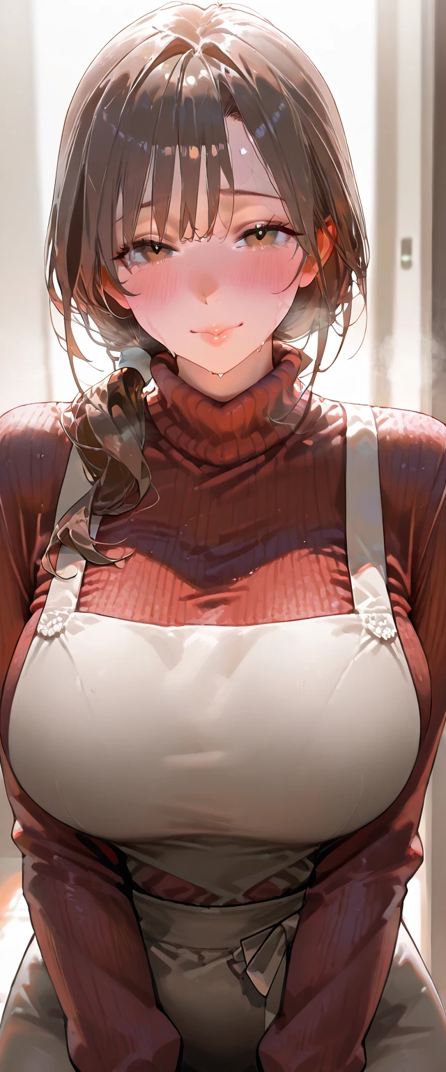 A girl with short fluffy light brown hair, dark green eyes, not so big breasts, pretty and little uncovered clothes.