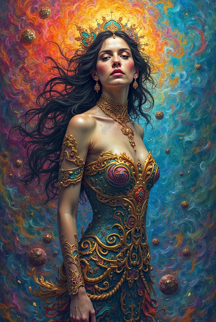 A stunningly detailed digital illustration of a woman in an exquisite gown inspired by Hedi Xandt and Karol Bak. She is adorned with intricate jewelry and her voluptuous silhouette is accentuated by the flowing, elegant lines of her dress. The gown is adorned with vibrant colors and shimmers like a velvet dream. Her eyes captivate the viewer with an intense gaze, while her seductive smile invites the audience into her world. The background is a blend of cinematic and CG trends, highlighting the ultra-high-definition quality of the artwork., cinematic, illustration