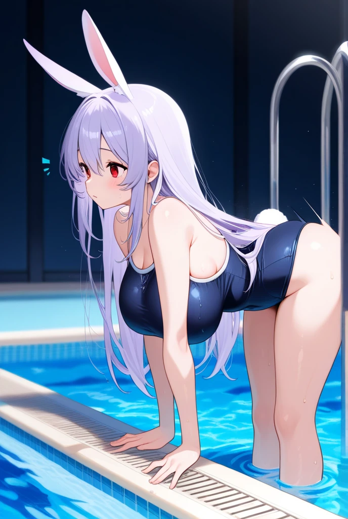 1girl, alone, Eiai Nano, outdoors, casino, looking at viewer, (masterpiece:1.2), best quality, high resolution, unity 8k wallpaper, (illustration:0.8), (perfect hands, perfect anatomy), (blush:1.5), shiny hair, shiny skin, standing, nano eiai, long hair, bangs, hair between eyes, red eyes, grey hair, medium breasts, white leotard, playboy bunny, rabbit ears, white thighhighs, arms behind back, from above , medium breasts, medium waist, wide hips, medium thighs, good anatomy, good hands