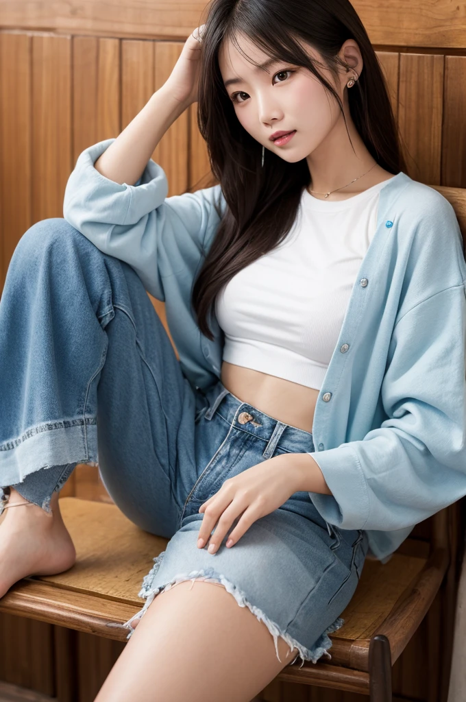 ((Close-up))、(1 girl)、(28 years old)、(Half European and Korean)、(view view)、(best smile)、(cardigan、denim pants、high heels)、(blue eyes)、(long hair)、(gray hair)、(8K, Best Quality, Masterpiece: 1,3), (Realistic, Photorealistic: 1.4), perfect body、high quality shadows、highly detailed face、award-winning、 evening、coffee shop with large windows、sitting in a chair、