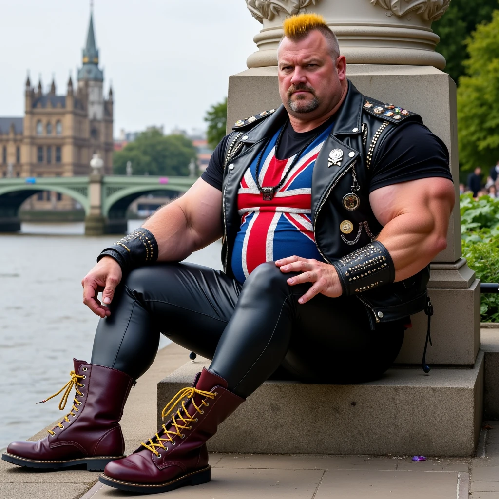 A blonde British wrestler from the late 19th century, standing full length a sweaty old man with black and gray hair parted in the middle very large handlebar mustaches extremely muscular and extremely fat over 70 years old weighing over 600 pounds with extremely large and very muscular sagging pecs and very hairy with gynecomastia and very large, pointed, dark nipples and relaxed muscles in an alley in Victorian London wearing only white and red horizontal striped tights