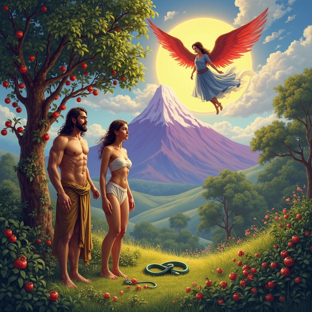 Adam and Eve dressed in leaves after the sin with a look of shame and far away in the image appears God man