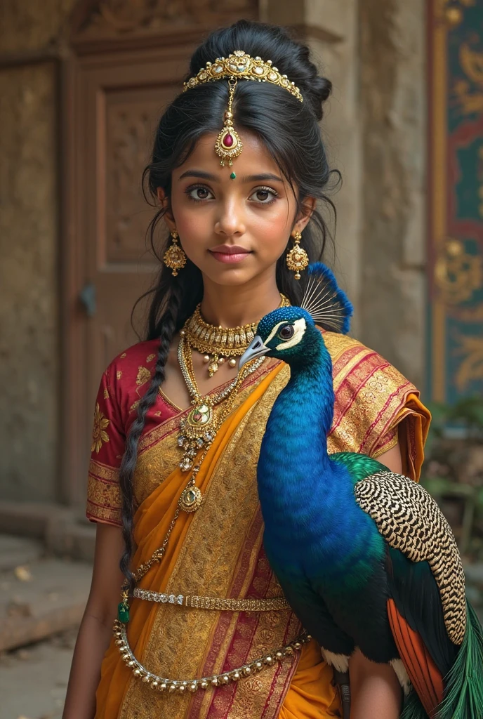 There is a  who is wearing a very cute yellow dress. he has a peacock feather crown on her head and a flute in her hands. We have a lot of cows near us. blue eyes and black hair