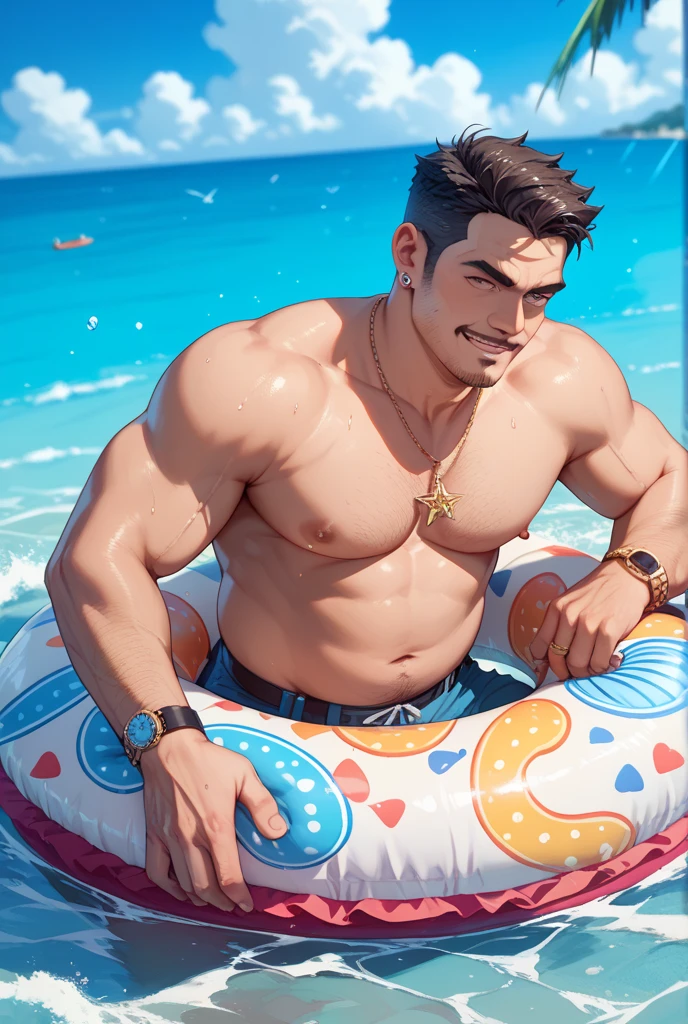 1boy, best quality, mature male, muscular male, (bala chunky: 1.5), bala daddy, thick arms, thick legs, sweatpants, at the water's edge, night, sky lantern, full body, full shot, chinese architecture, fat, realistic photos, masterpiece, naked upper body, male, shorts, short hair, strong, (pectoralis major muscles: 0.7), tough guy, giant root, (bare upper body: 1.2), smile, open eyes