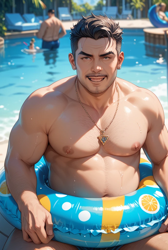 1 man, young middle-aged man, smirks, solo, white skin, muscular, muscle man, tall, hunk, big biceps, abs, thighs, wide shoulder, open chest, facial hair, black short hair, wet body, wet hair, shirtless, sitting and chilling in a hot tub, white swim trunk, viewer looking, high resolution:1.2, best quality, upper body shot, flat style, blue sky and hot tub background, low camera angle, volumetric lighting, depth of field, shadow, steamy environment
