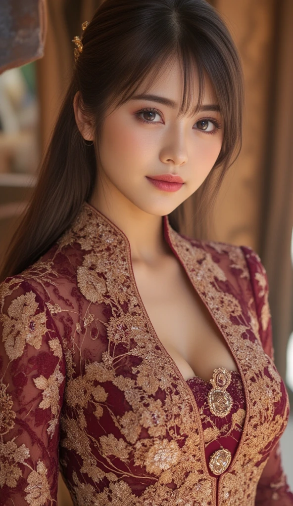 pretty girl: super cute;
Age: from 18-20 years old;
hair: bronze orange color, soft, shiny in the sunlight, detailed;
skin: milky white, rosy and flawless;
eyes: jet black, almond shaped, sexy, youthful, clear, super detailed, elegant, seductive, sharp makeup, realistic, eye-catching;
eyelids: delicate, perfect;
eyebrows: arched, dark;
Face: beautiful, pure, angelic, gentle makeup, lovely, perfectly balanced, beautiful in every detail;
nose: pretty, lovely, high;
Cheekbones: prominent;
lips: seductive, light red lipstick, lovely lip gloss;
teeth: pure white;
Charming smile, showing off bright white teeth;
chest: firm, tight fitting bra;
Breasts: full, deep slit, ((tight)), tight bra, pointed nipples;
buttocks: plump, tight underwear;
Underwear: mesh fabric, ((metallic thread)), shiny;
Clothing: shiny leather, bright colors, tight to the body;
clothes: bright red, gold embroidery, metal, silver mesh;
panties: lace, ((red)), metal trim, tight;
dress: tight, ((thin see-through)), floral embroidery;
Body shape: plump, graceful, youthful;
accessories: ruby necklace, ruby earrings, studs;
Fashion style: high-end, modern, luxurious;
Image quality: non-NSFW, 8K CG HD, high resolution, Super beautiful graphics, professional, detailed, colorful, super smooth, advanced techniques, realistic RAW;
lighting: luxury, complex color scheme, black gold rays;
((background: crowded, modern street));
((sunlight sparkles all over the girl's body));
((Girl dressed as a Snow White with a red bow, standing next to a beautiful vampire queen, realistic cosplay style));