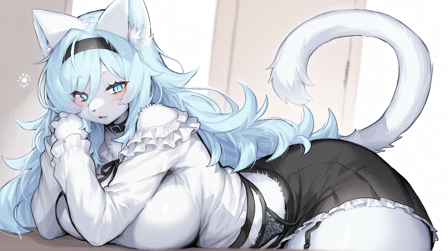 White silk hair,fox ear,short skirt,Chestless clothing,Large breasts,Hold your breasts up with both hands,duck sitting,onbed,White socks,Black silk suspenders