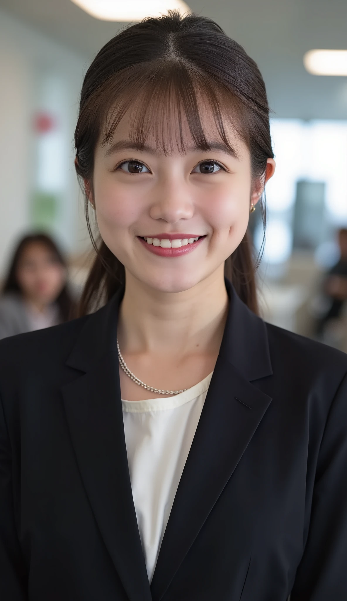 Neat Young Woman、 pale brown hair、Hairstyle Semi Long、and look at the camera、office lady suit、jacket、shirt、necklace、smile showing teeth、people talking in the background is inside the room、