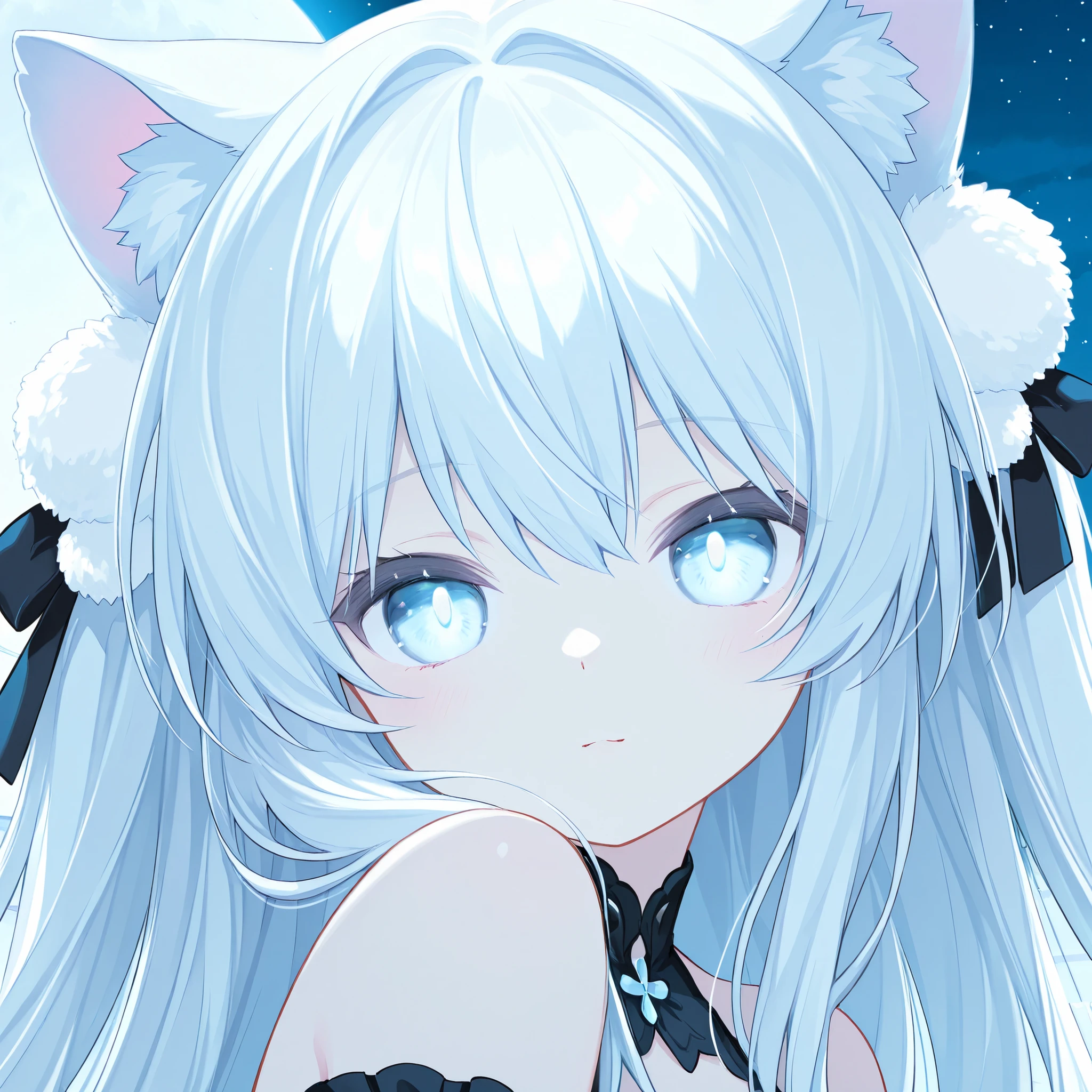 anime girl has blue eyes and cat ears, Vision of a cute anime girl , Face, cute anime catgirl , Night Core,, White Cat Girl , fine details. , soft anime illustration, in tactical gear , Cold white eyes , cute anime Face , has huge sparkling sad eyes