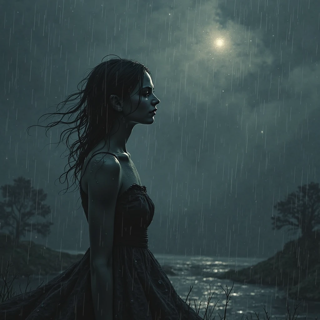 Woman from behind in the middle of the storm with rain and thunder with wet hair digital art 