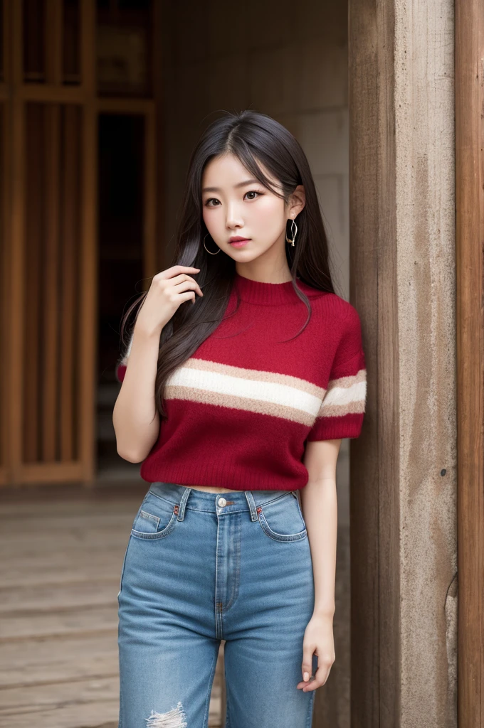 A Japanese beauty, 20 year old is wearing cat ear accessories is smiling. She looks good in a blue leather tight miniskirt. She is wearing a red argyle sweater. calico Norwegian Forest Cat, Inside a stylish coffee shop. Draw so that everything from her knees to her head fits on the screen.