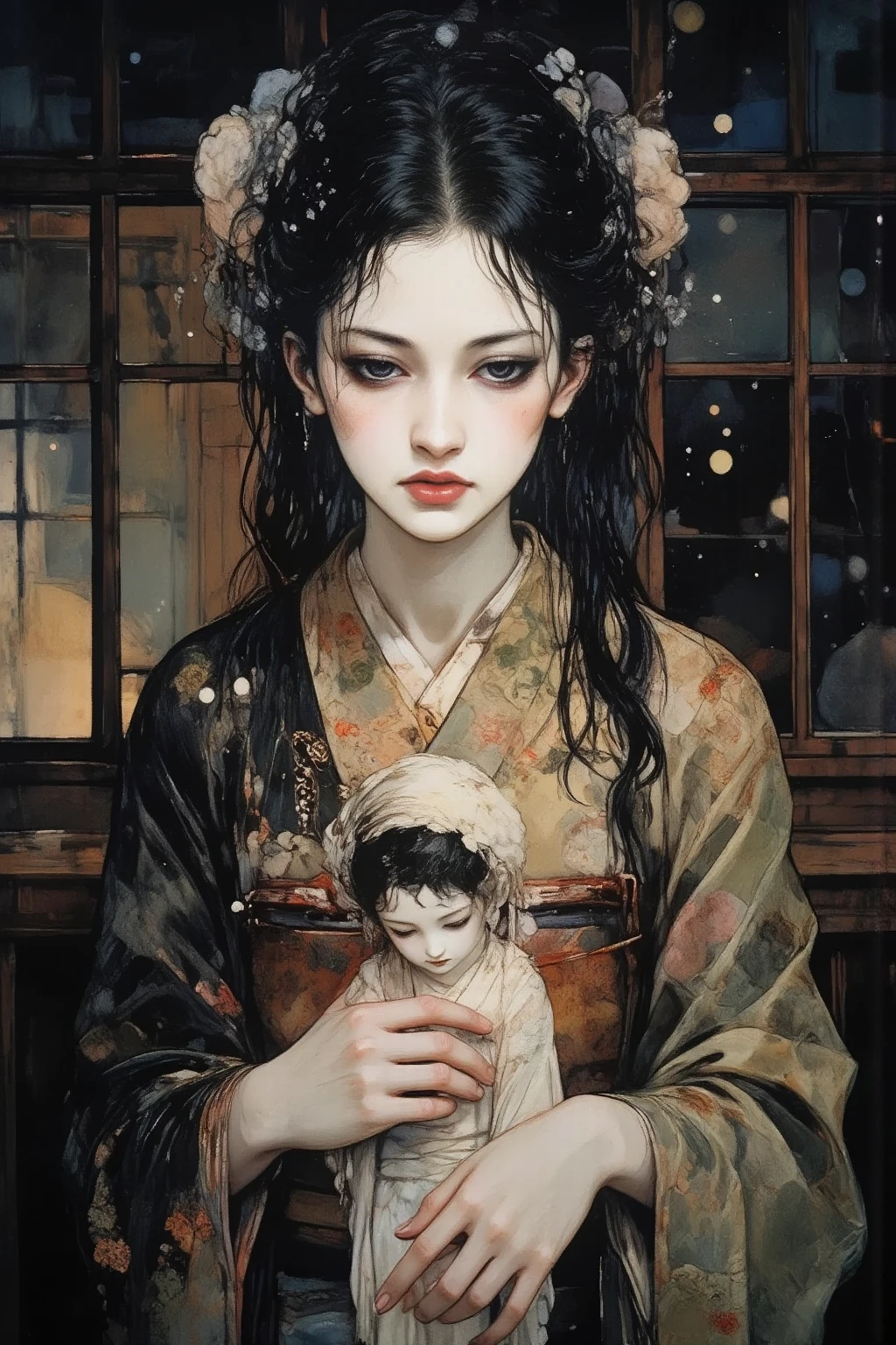 A beautiful and lonely girl in a kimono、I'm holding a bisque doll in my hand、Dark Fantasy、portrait、high definition、Super Fine、Expert effects、real、realistic、professional、Vivid Color、bokeh effect similar to、dark tone、Atmospheric feeling 、melancholy vibe、surreal、oil paint