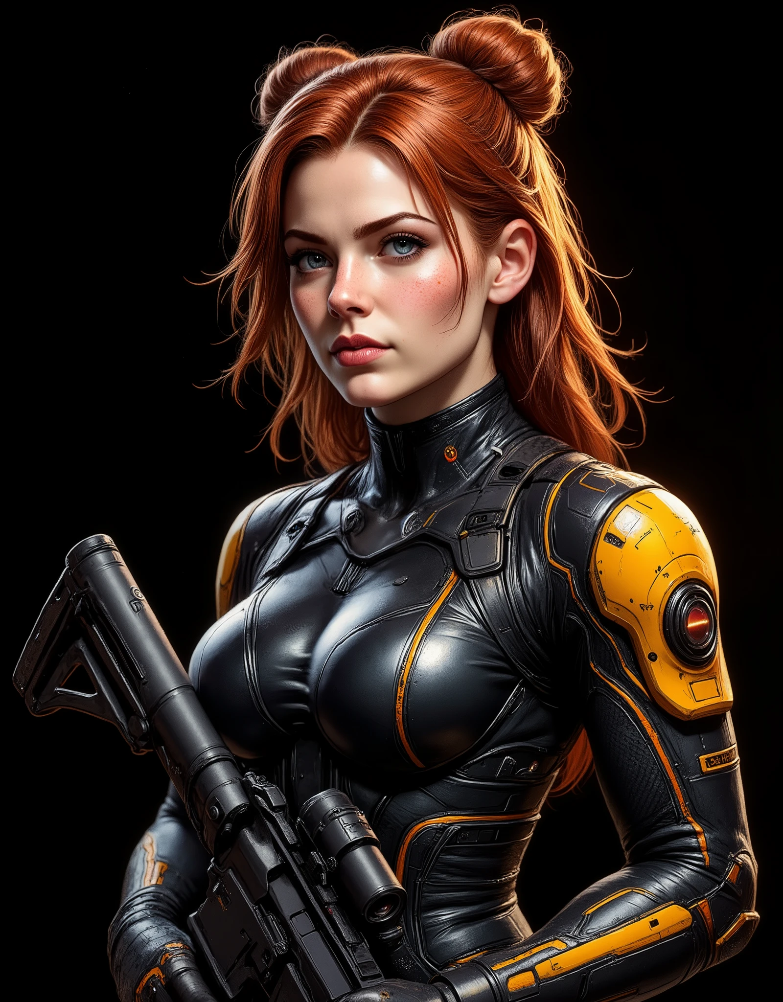 Side shot of the bust from head to chest of a 20 year old woman, high quality, 4k, she is a futuristic space marine warrior, science fiction, close-up of the face framed, side frontal, very pretty, freckled, orange-redhead with very long hair and two buns one on each side of the head, her hair falls on her small breasts and reaches her waist. Black tactical headphones with built-in microphone, her wavy and messy hair falls on her small breasts and shoulders, very messy hair. Tiny chest, very small chest, bangs, very detailed layered hair. Very detailed gray eyes, sensual thick lips, angry, expression of murderous rage on her face, pink and wet lips, long eyelashes. Perfect face. Futuristic advanced heavy combat bio suite in yellow and black colors. Carbon fiber pattern details. Advanced heavy mech combat suite with the emblem of its assault unit on the shoulder. Tactical armored forearms in yellow and black camo color. Torso with extra tactical armor with black and yellow camo color pattern, turned legs with additional armor. Reinforced black metallic tactical gloves. In his hands he wields an AR15 assault machine gun with an advanced x4 reflex sight with a laser sight and a futuristic silencer. He looks at the camera with a homicidal and bloodthirsty expression. Very dynamic and aggressive pose. Pure black image background, ideal for wallpaper. A space marine in dangerous and warrior sexy mech armor. Furious and angry.