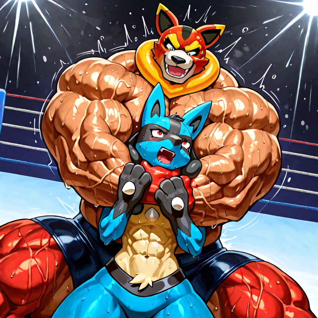 Duo, male, muscular, giant, buff, strong, massive biceps, massive pecs, green mohawk Kangaroo vs red hair Crocodile, wearing boxers, massive bulges, fight scene, arena, rivals, angry, by NSFW_Raptor