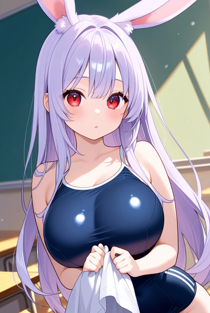 anime girl、mature girl、beautiful girl、Cool girl、middle School girls、solo、girl wearing a swimsuit、one piece swimsuit、earrings、girl with very long silver hair、clothing:High-cut swimwear、school swimwear、big breasts、woman with very large breasts、covered_nipples、Depth of bounds written、looking_at_viewer、紺色のタンクスーツを着たanime girl、紺色のHigh legスクールスイムウェア、High legスクールスイムスーツ、smile、rating:questionable、covered_navel、In the indoor pool、His arms are placed behind his back.、blurred background、cowboy shot、a girl is standing、collarbone、school swimwear、Japan student swimwear、purple eyed girl、mouth closed、parted bangs、girl with half up hair、breasts_apart、新型school swimwear、High leg、dutch angle、buttocks visible from thighs、Bare shoulders、bare legs、bare arms、shiny、rating:safe、Eyebrow、navel、