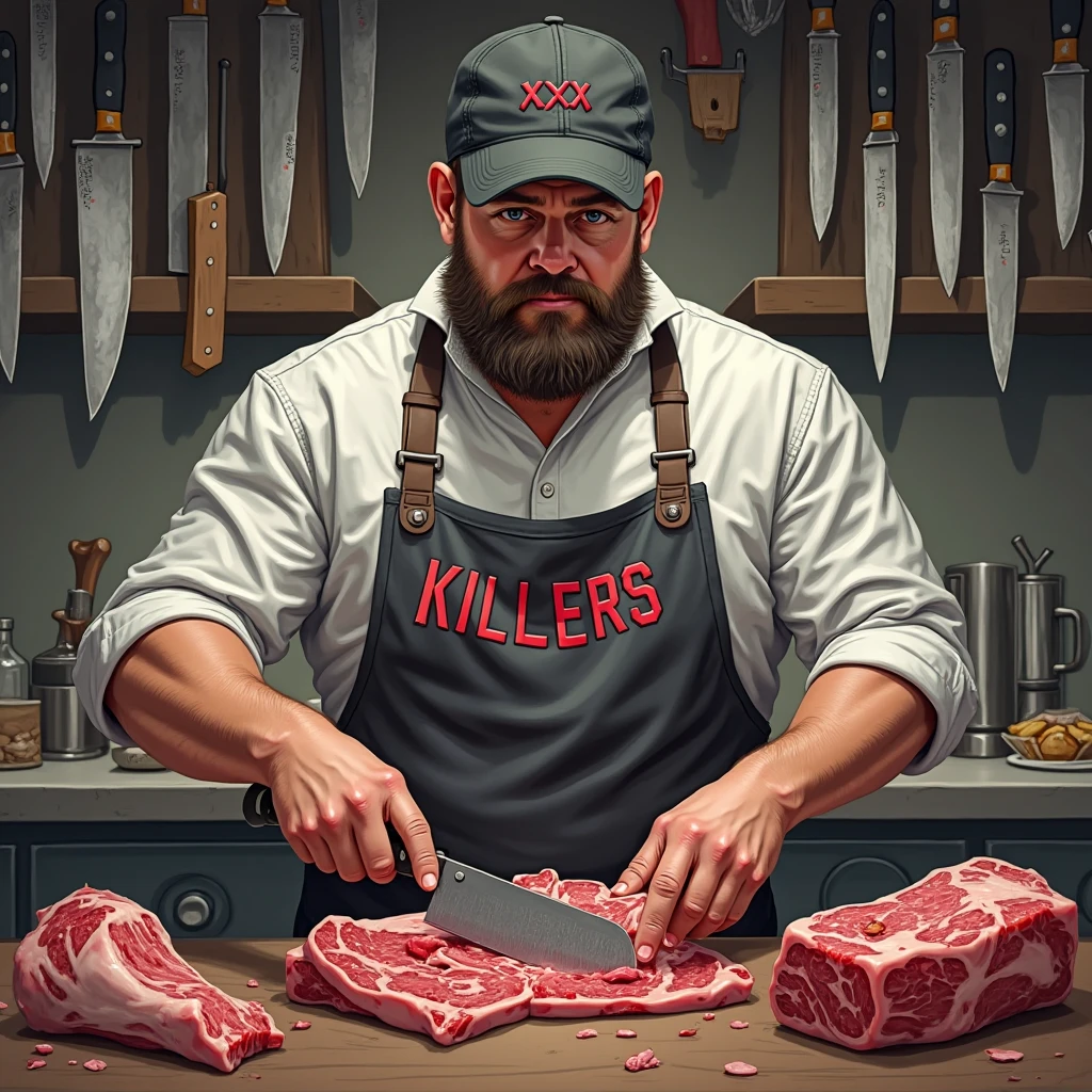 tropical enviroment, realistic detailed butcher, 1 male, detailed facial features, realistic skin texture, detailed clothing, apron, holding meat cleaver, meat hanging in the background, blood stains, dimly lit environment, dramatic lighting, gritty, dark, cinematic, muted colors, moody atmosphere