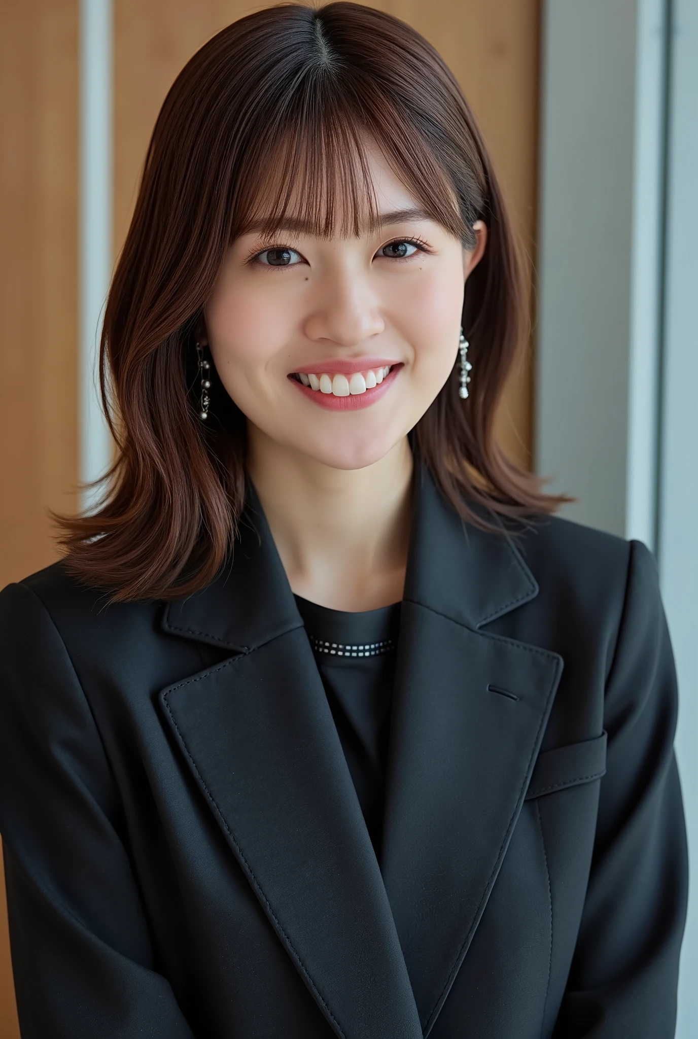 Neat Young Woman、and look at the camera、smile showing teeth、office lady suit、jacket、shirt、髪型ショートカット、耳にピアス、、 、dark eyeshadow、upper body、Background is in a room、