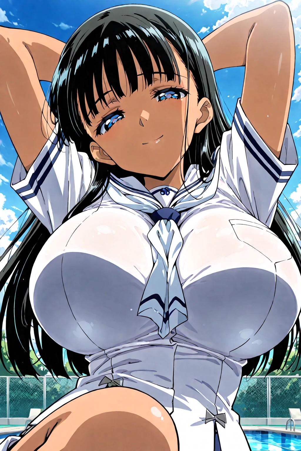 Simple white background, , serafuku,red necktie,clavicle, cleavage, (just_Neck:1.5), black thighhighs,Short sleeves, Navy blue and white shirt ,Puffy sleeves,a sailor suit,blue sailor collar, Blue skirt, Black hair, Blunt bangs,Long hair,Brown eyes, 1 girl, 20yr old,infp young woman,Beautiful Finger,Beautiful long legs,Beautiful body, Beautiful nose,Beautiful character design, Perfect eyes, Perfect face,Expressive eyes,perfect balance, Looking at Viewer,(Focus on her face),Closed mouth, (Innocent_Big_eyes:1.0),(light_Smile:0.3), Official art,Highly detailed CG Unity 8K wallpaper, Perfect Lighting,colourful, Bright_front_Face_Lighting,White skin, (masutepiece:1.0),(Best_quality:1.0), 超A high resolution,4K,Ultra-detailed, Photography, 8K, nffsw, hight resolution, absurderes:1.2, Kodak portra 400, Film grain, Blurry background, bokeh:1.2, Lens Flare, (Vibrant_colour:1.2),professional photograpy, (Beautiful,Large_breasts:1.4), (Beautiful_Face:1.5),(narrow_waist), huge breasts,Low-cut,Cleavage,pantyhose