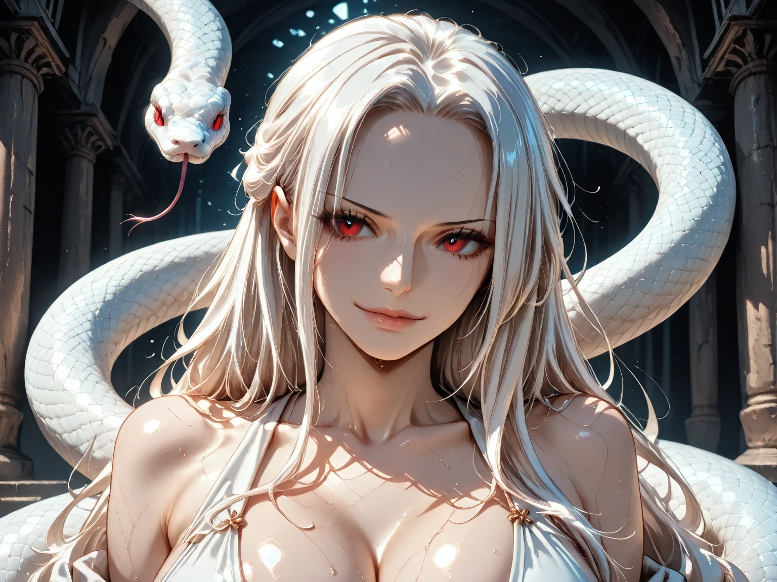 ((Highest quality)), ((masterpiece)), (detailed), (Perfect Face)、The female Medusa, an ancient Greek monster, is Yuuki Asuna, with light brown, semi-long hair, reptilian eyes, and vertically long pupils.、The woman is Medusa, a demon in Greek mythology whose hair is made up of snakes. Her hair is made up of many tiny snakes, all of which end in snakes.、The woman has snakes wrapped around her body.、All the woman's hair is snakes