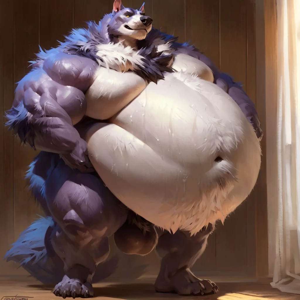 anthro tiger or wolf or husky, (huge belly:1.5),(safe vore), male pred, vore, (((vore belly, belly bulges, abdominal bulges))), (((soft vore, same size vore))), (very huge belly:2),(huge belly:1.6),bloated belly,(massive belly:1.5), very big anthro tiger or wolf or husky inside belly, struggling, belly imprints, nsfw, hyper penis and balls