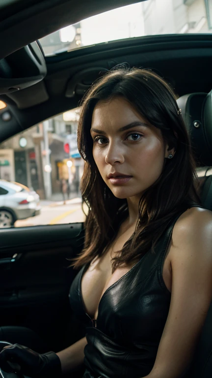An amazing portrait of a beautiful brunette woman in white visible tank top, shows a lot of cleavage, sitting in car, brunette hair, straight hair, ponytail, great facial feature, perfect eyes, ultra realistic eyes, perfect face, perfect body, cinematic, color analog film photo, intimate posing, realistic hair, ((Perfect Face)), ((Sexy Face)), full shot of a sexy beautiful girl, Photograph, photorealistic, Evocative Pose, ((cute)), sexy pose, (Looking at Viewer), artgerm, cinematic lighting, very high detailed, foggy background, shot on Fujifilm Superia 400, Short Light, 32k, cinematic composition, professional color grading, film grain, atmosphere, wondrous, very stormy . faded film, desaturated, 35mm photo, grainy, vignette, vintage, Kodachrome, Lomography, stained, highly detailed, found footage , film grain, photography, photoshoot, cinematic lighting, volumetric lighting, insanely detailed, hot, sexy, very seductive, super model, (photorealistic:1.3), (highest quality:1.3), (film grain:1.3), ( world's best photography:1.3), (professional Photo:1.3), (detailed details:1.3), (cinematic light:1.3), ( cinematic color:1.3), maximum depth of field, film photography, ( intricate details:1), (hyperdetailed:1), (((SFW))), ((forward facing)), natural breasts, sexy clothes, beautiful lips, light skin