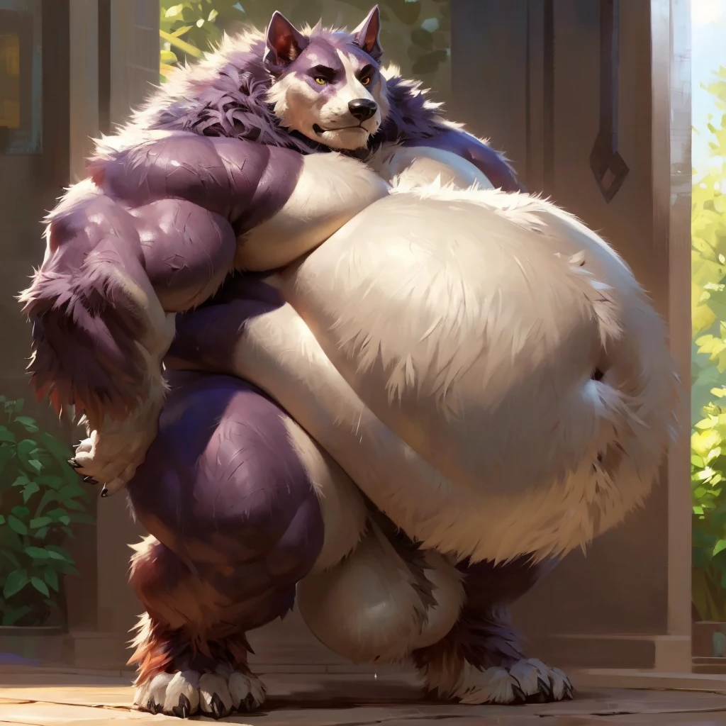 Mightyena、muscle-gut, Giant Monsterountain of fat、The body is buried due to fat、The stomach is triangular、Extreme obesity、very thick fat、my stomach touches the ground、Stomach like a giant balance ball、Sharp Claws,  Saggy belly,  Thick animal-like legs、Cheeks that store fat, thick arms、huge torso、thick neck、fat neck、legs buried in fat, thick twisted corners,