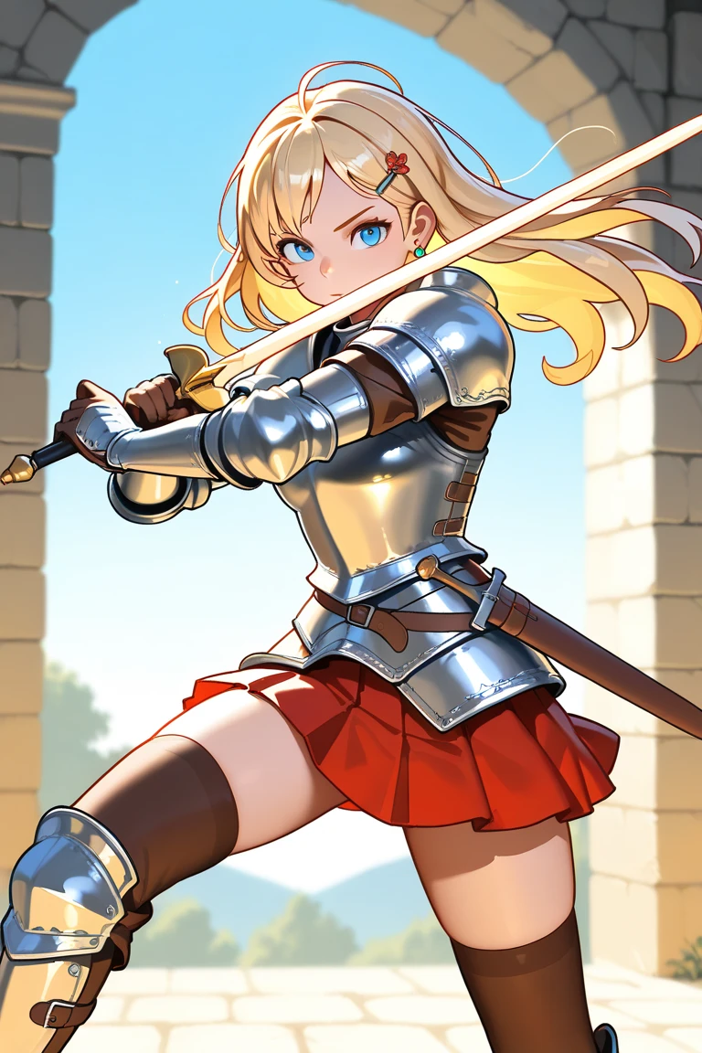 (((8k,Best Quality)), Masterpiece, 20 years old, female, holding sword, standing pose, gauntlet, ((full body)), (cropped shoulders), ((highleg leotard)), ((leotard, chest plate armor)) solo, ((gauntlets)), ((greaves)), sarong, bare shoulders, belt pouch, long puffy sleeves, ((white background)),