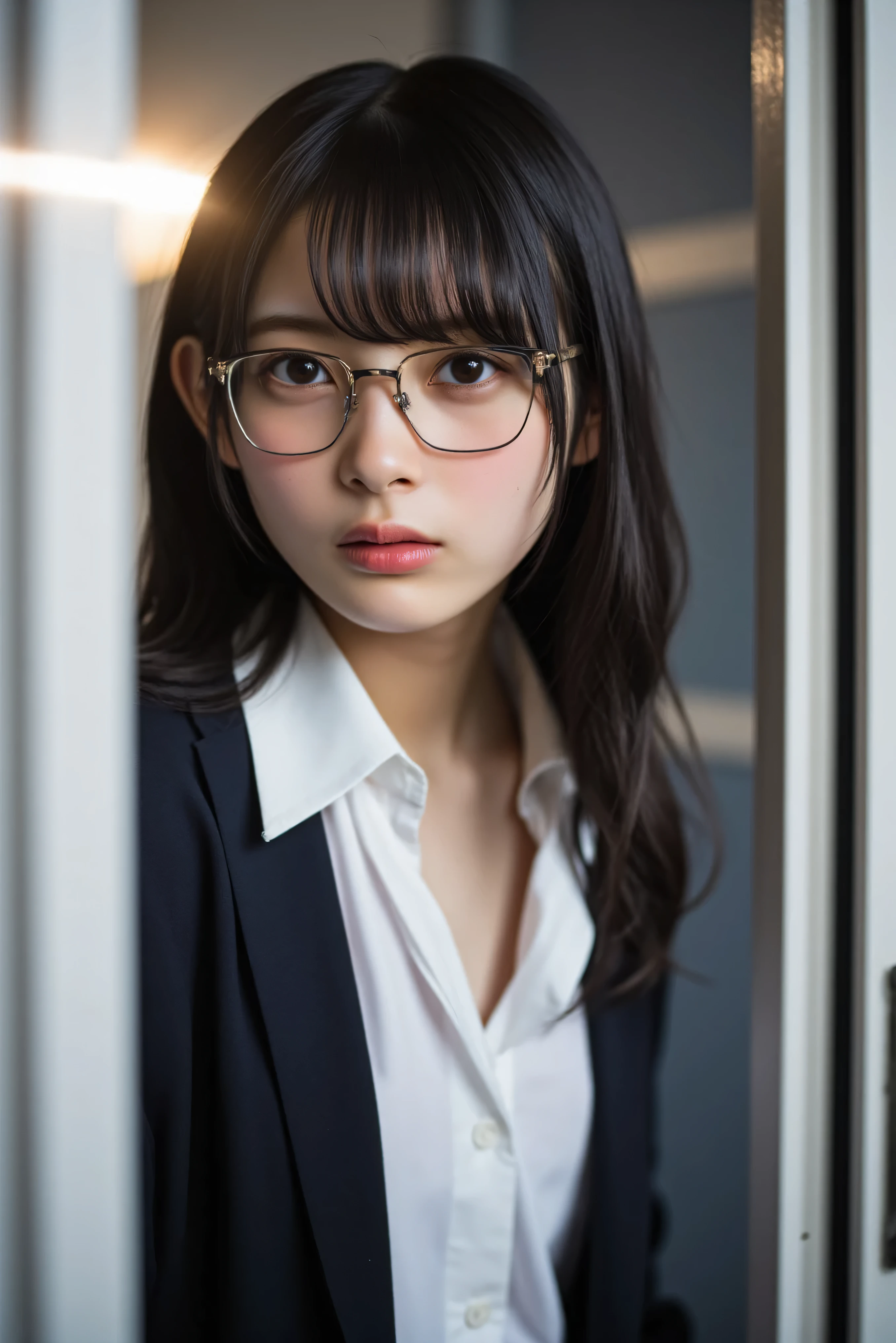 I'is working、sexy、Inconspicuous、quiet、beautiful girl、Japanese、Beautiful breasts、Short Bob、suit、Round face、thin, Round glasses with silver rim、job hunting、Big Breasts,Ultra-Realistic Capture, Very detailed, High resolution 16K human skin close-up. Skin texture must be natural, So detailed that even pores can be distinguished. Skin looks healthier, In a uniform tone. Use natural light and color,(RAW Photos, highest quality), highest quality, Very detailed, masterpiece, Super detailed