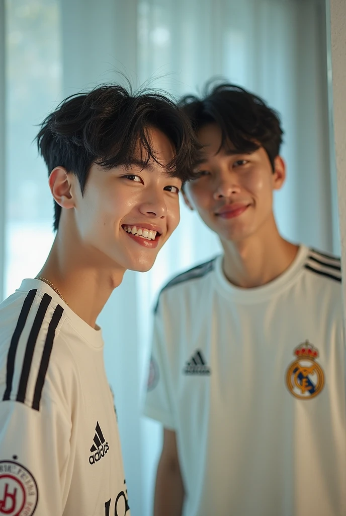 ((Highest quality, 8K, Masterpiece: 1.3))、Thailand Laos Burma Asia, Thai man, A handsome Asian rugby player with short hair, a muscular beard, and big muscles., 1A man who has、 yo、Good appearance、Beautiful nose、smile、 Detailed eyes and face、beautiful light、(studio)、high resolution、(Look at the viewer.)、Fine mouth、smile、whole body: 1.5, perfect shape: 1.3, Picture of both shoulders:1.3, Navy blue round neck t-shirt:1.5