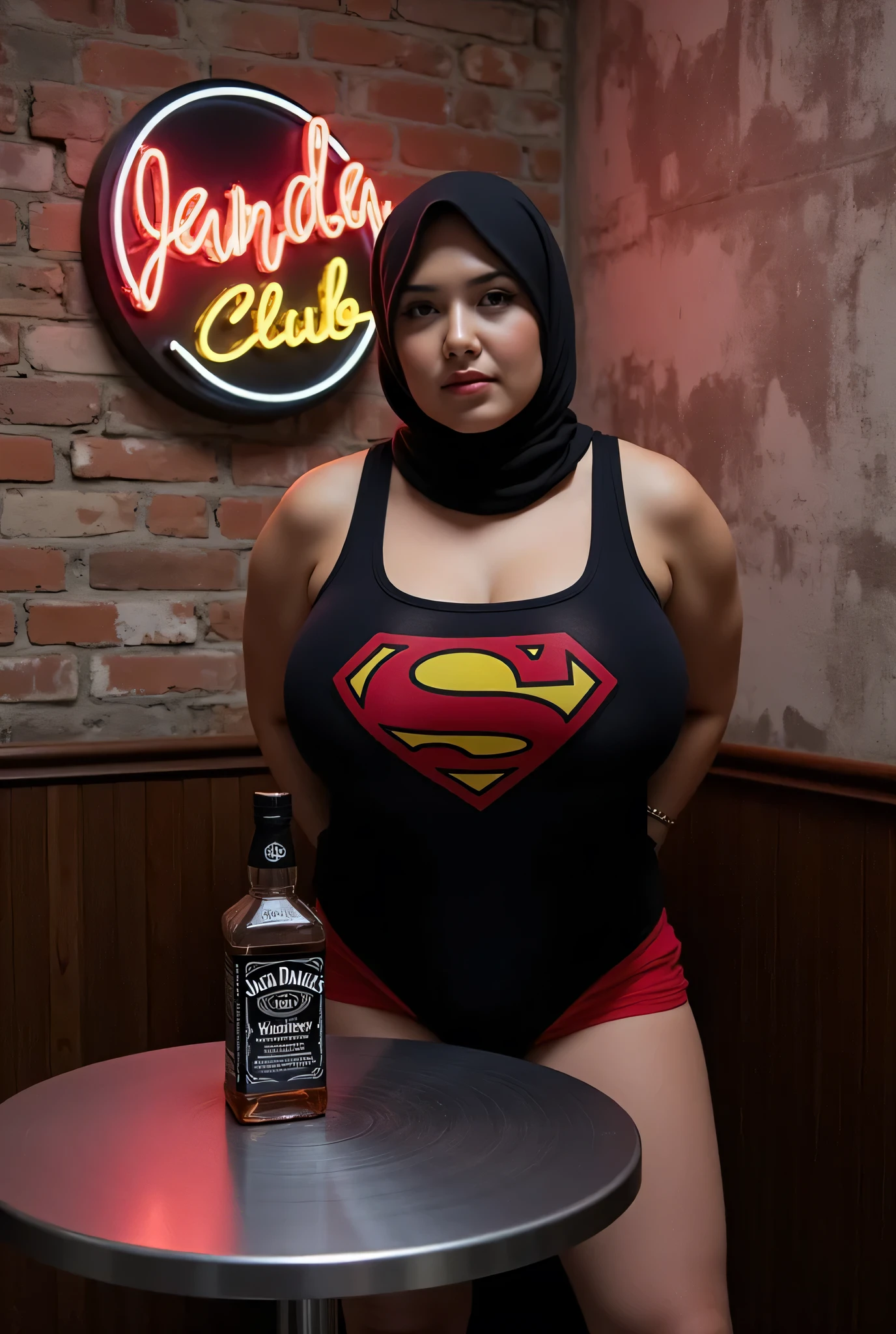 Dress up glam hair metal, very old lady "Wearing Hijab perfectly", wearing Scoop Neck Sleeveless Superman grey Bodysuits singlet swimsuit , (KEDUA BELAH TANGAN DILETAK LETAKKAN DIBELAKANG PUNGGUNG) PLEASE DON'T PUT ANYTHING ROPE!!!,
BBW HIJAB INDO MALAY Jumbo (Singlet ), 1 girl, MOODY FACE EXPRESSION , Half body portrait, (face details: 1), (Eye details: 1), ((Big breasts)). Cute posed. proportional body. ultra high res. realistic: 1.4, UHD, ((bigger:2.3)), (((dark background))), Background worn old brick wall , arms Bodybuilder , round Signboard 'Janda Club's neon light at wall, Sitting on a round table stainless steel A Bottle of Whiskey 'Jack Daniels' Above it