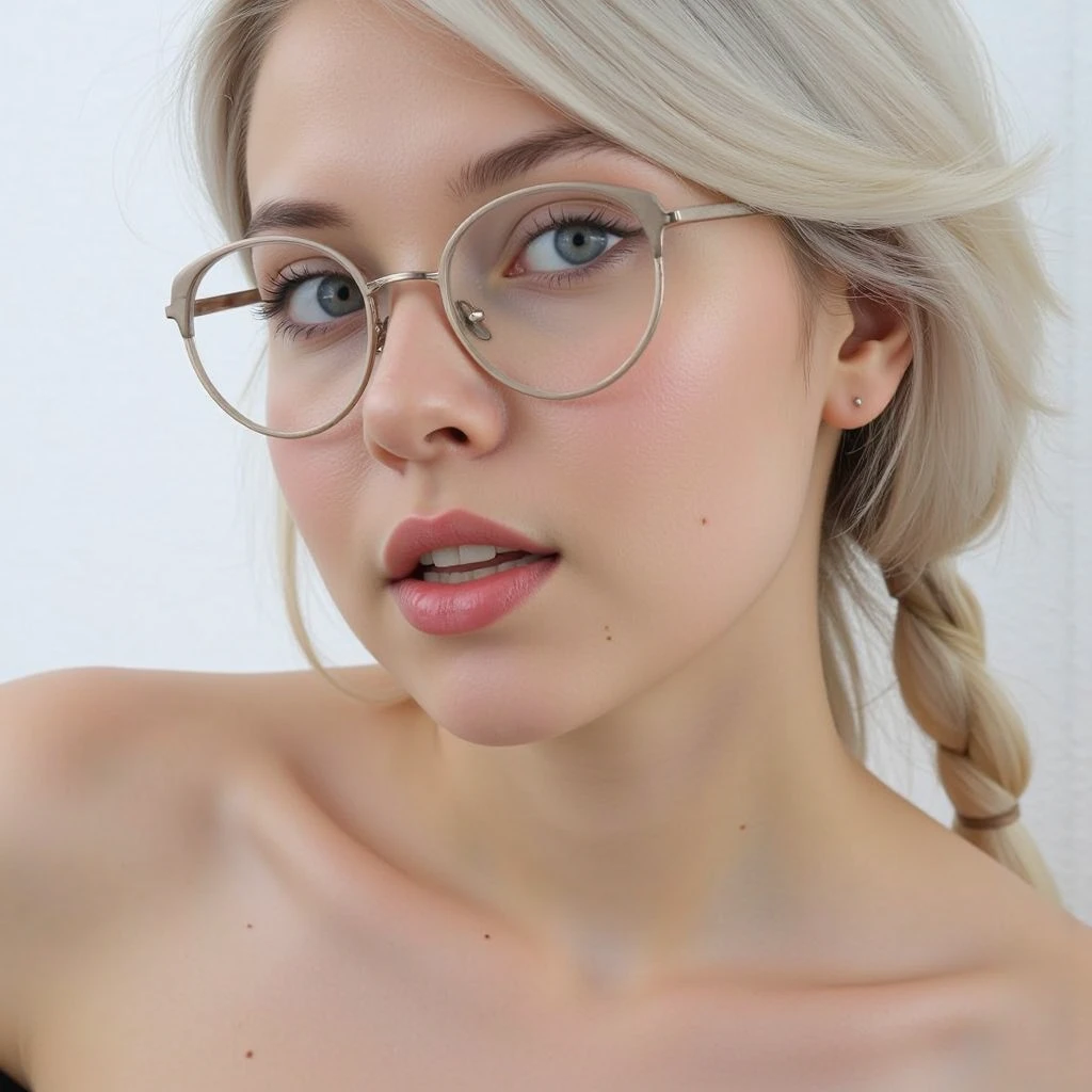 A swedish Lady、beauitful face, Long Blonde Hair tied up, sensual , topless, model pose, eyeglass on nose, BDSM