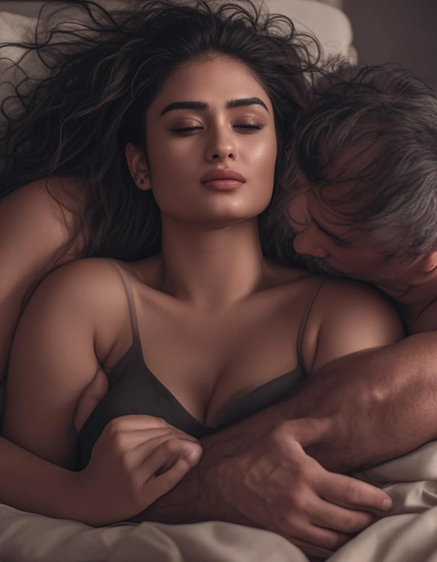 a beautiful white girl in lingerie, black hair, doing yoga, curvy body, inside a room, and an African black fat old man trying to hug her, 8k, realistic, beautiful girl, beautiful body