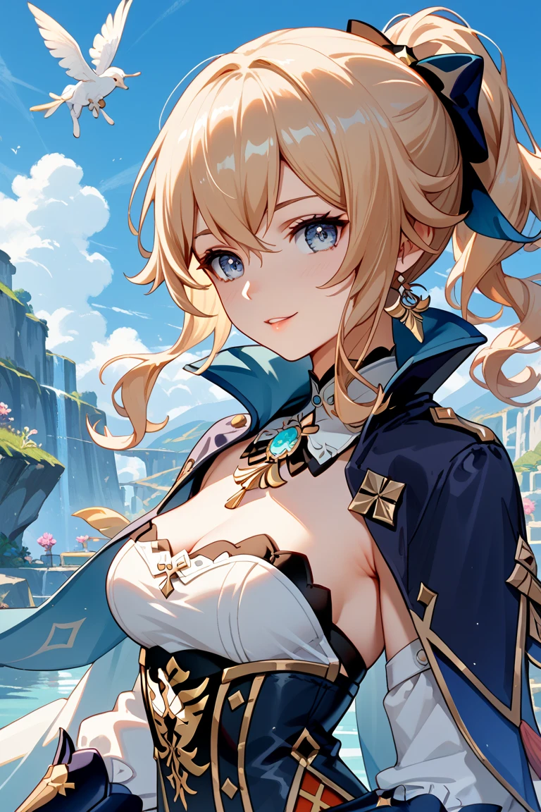 tits、cleavage, smile, face palm、middle ages, fantasy, floating city, breasts close up, blonde　((((((hair over one eye)))))), Braid Styles, spiked hair, blunt bangs, bob hair, a braid, Ahoge　red eyes, off shoulder,  