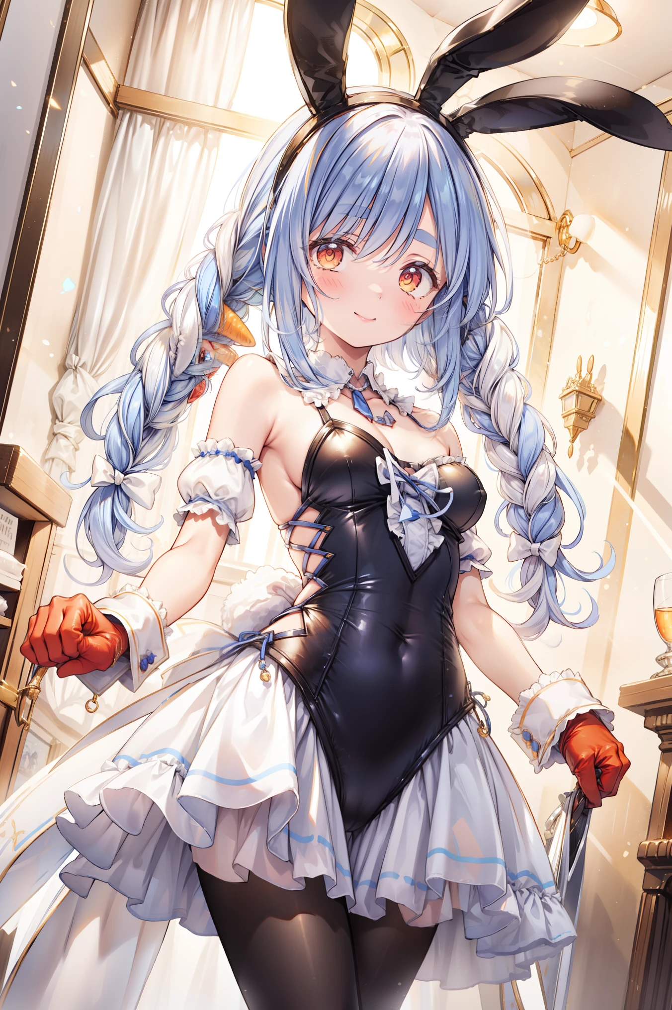 masterpiece, BEST QUALITY BREAK SOLO, , 1 girl, Ultrafine, illustration, interior, Smile, Cowboy Shooter, Gold Necklaces , White punches , white pantyhose, white wristband, DOWN DOUBLE STRAND , fake animal ears, sleeveless, costume cut , Rabbit ears, ,