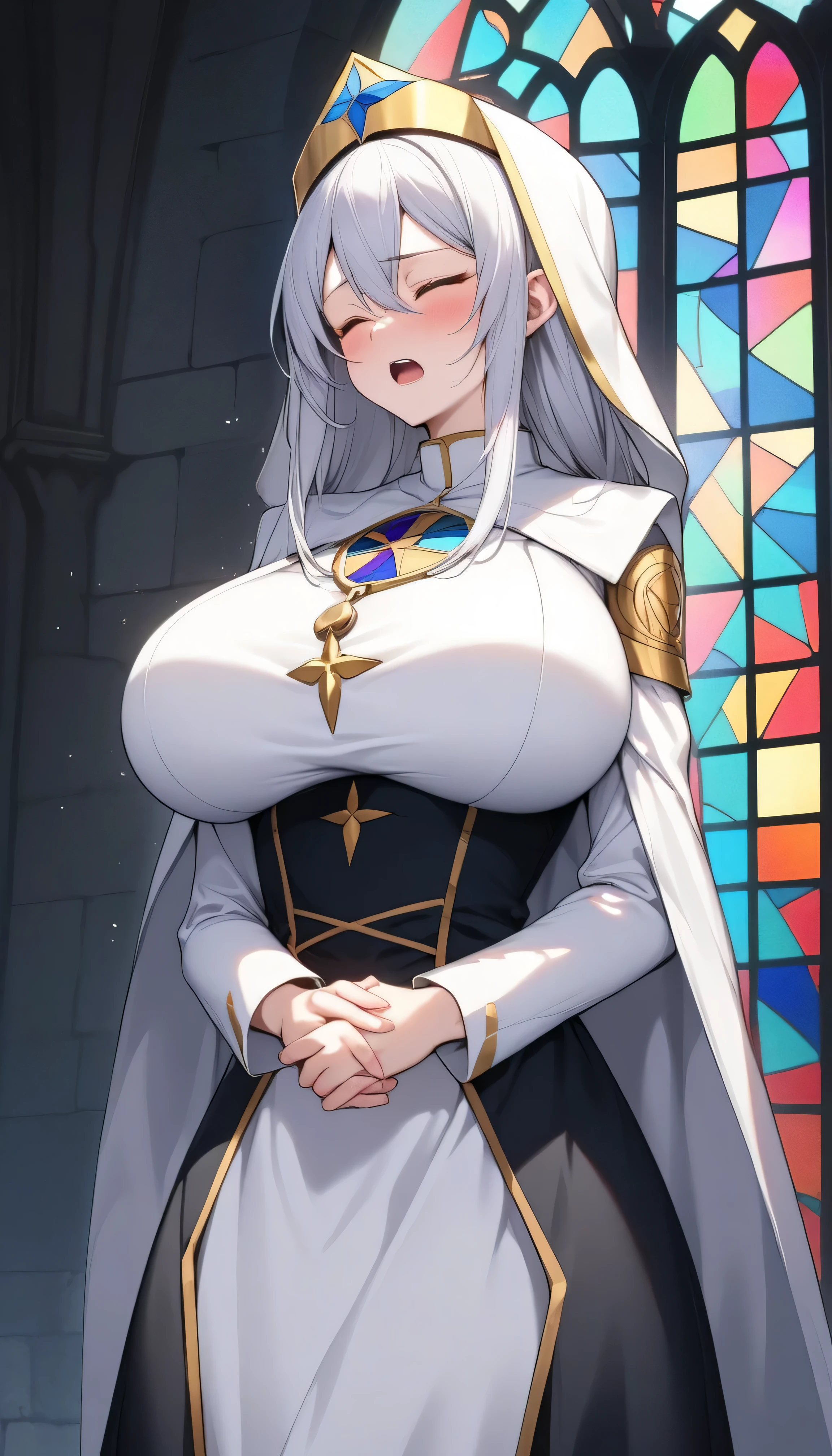 score_9, BREAK, stained glass, solo, (1 skinny priestess praying), bouncing huge breasts, huge perky breasts, too short torso, clasping both fists, orgasm