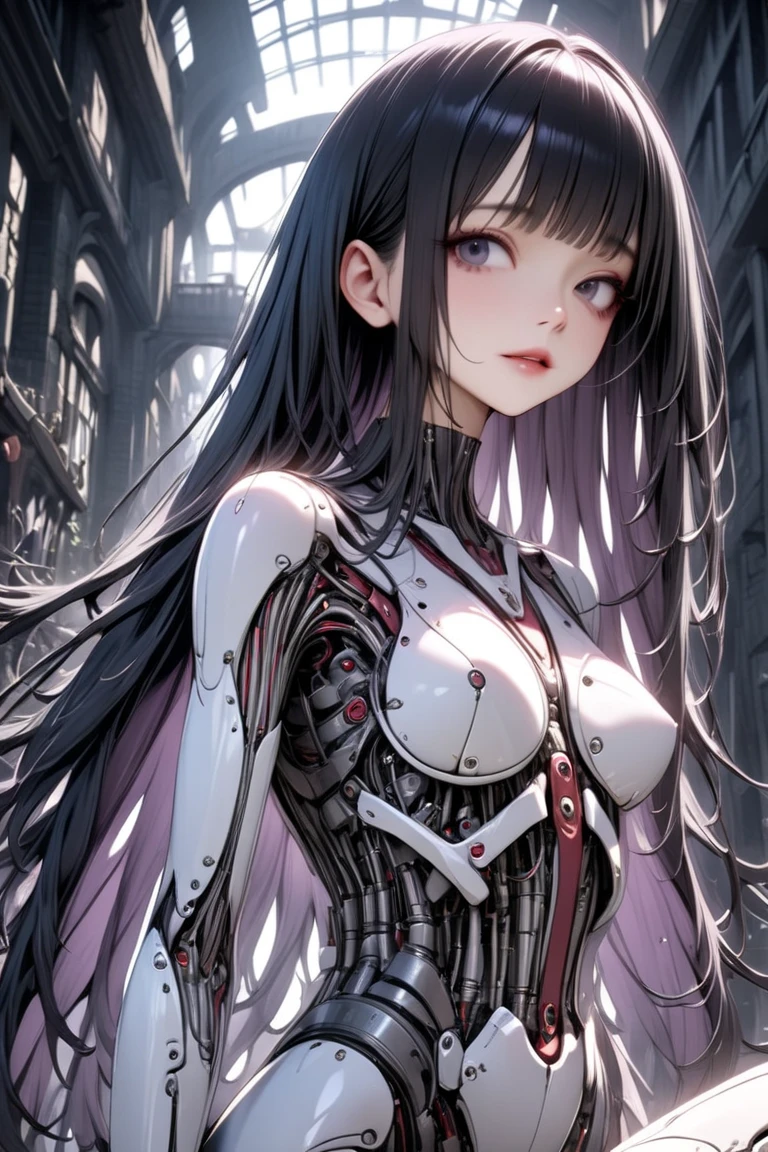 (((masterpiece))), ((highest quality)), (Super Detail), (CG illustration), (So evil and beautiful)), Cinematic Light, ((1. Mechanical Girl)), single, (Mechanical Arts: 1.4), ((Mechanical Limbs)), (Blood vessel attached to a tube), ((Mechanical spine attached to the back)), ((Mechanical cervical spine attached to the neck), (Back to viewers)), Expressionless, ( Wires and cables connected to the head and torso: 1.5), SF, Apocalypse, Remains, (Lower body integrated with mechanical device), (Blood: 1.5), Cruelty, Disorganized, eroticism, Integration with machines, The End Times, Super Future, inorganic, Research Room, Constraints, (Beautiful luxury: 1.2), (1 girl: 1.3), Body wrapped around the tentacles of the machine