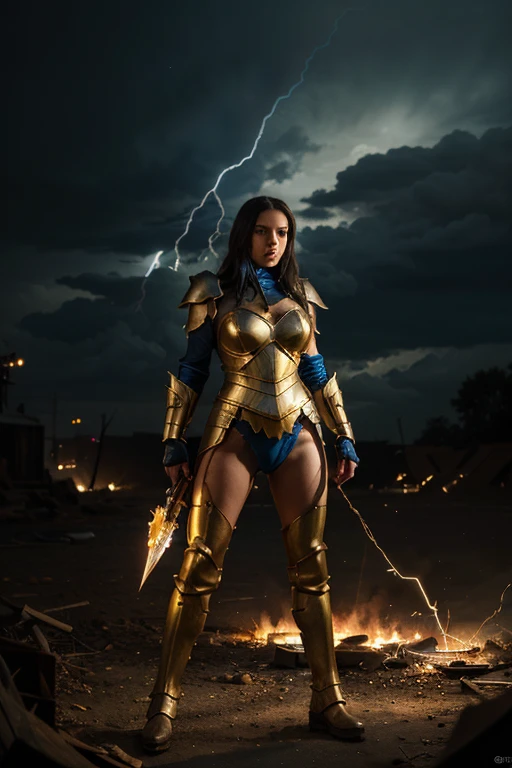 4K, obra de arte, high resolution, absurdos,, edgThunderstruck, a woman with a blue and gold armaduras ,usando edgThunderstruck_armaduras, eletrificado, heavy thunder,