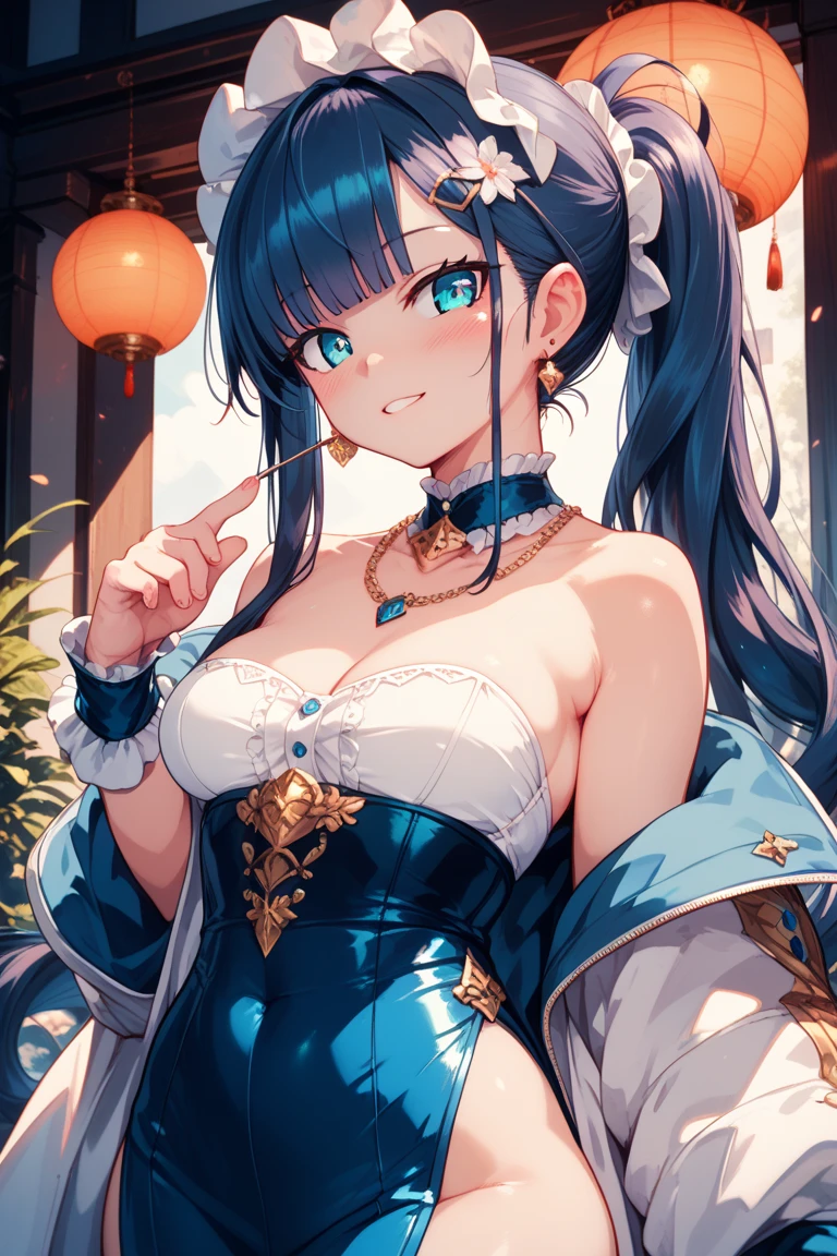 1 woman, Xianyun, genshin impact, (masterpiece, best quality), blue eyes, 8K, long hair, ponytail hairstyle, wearing glasses, wearing black chinese dress, busty body, large breasts and a beautiful ass, showcasing cleavage, legs, hips, looking at viewer, smiling, Detailed face, Detailed Hair, Detailed body, city background