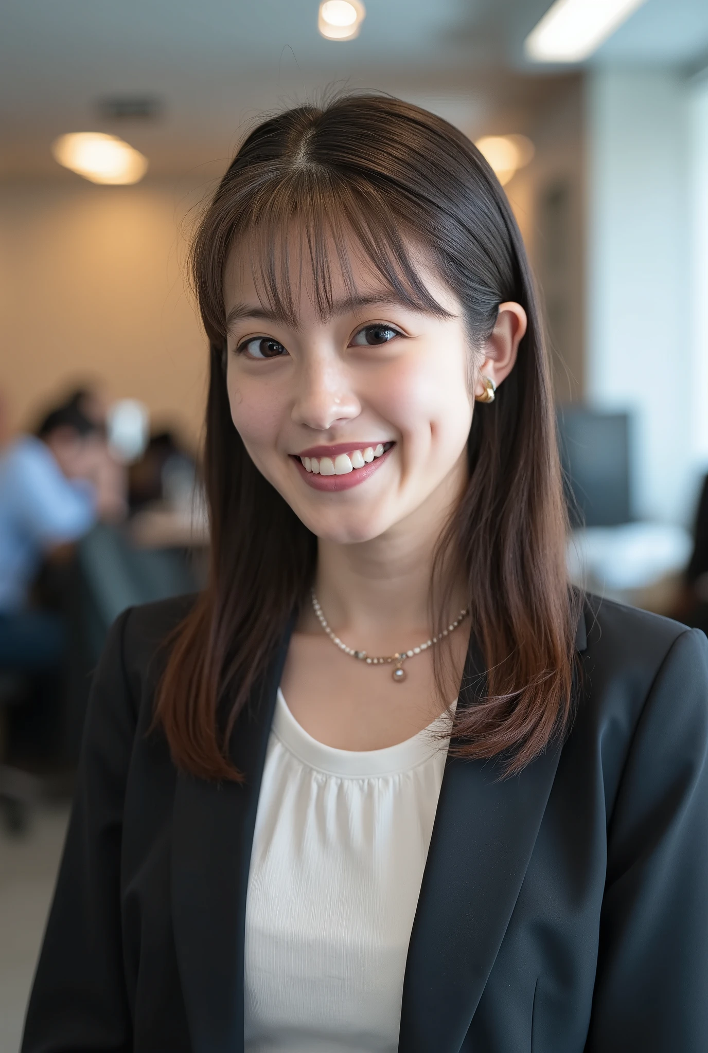 Neat Young Woman、 pale brown hair、Hairstyle Semi Long、and look at the camera、office lady suit、jacket、shirt、ear piercing、necklace、smile showing teeth、people talking in the background is inside the room、