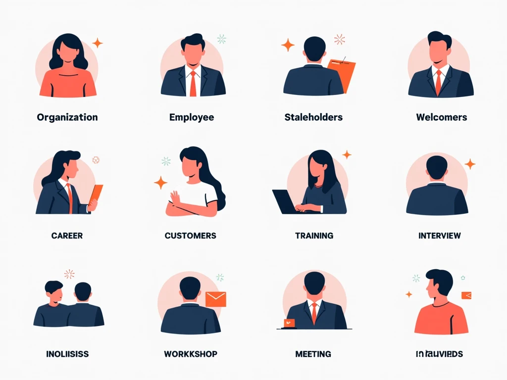 Create 8 modern icons for your website, de grupos de 3 people, only use 4 colors, add graduates, lawyers, people