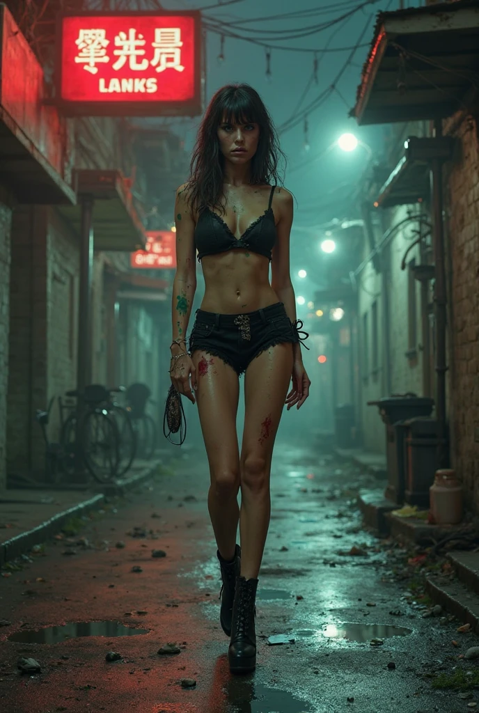 ((best quality)), ((masterpiece)), (detailed), (zombie:1.2), sexy undead in a tight shortest skirt, sheer tshirt and panties are visible, large breast, zombie armageddon, ruined city