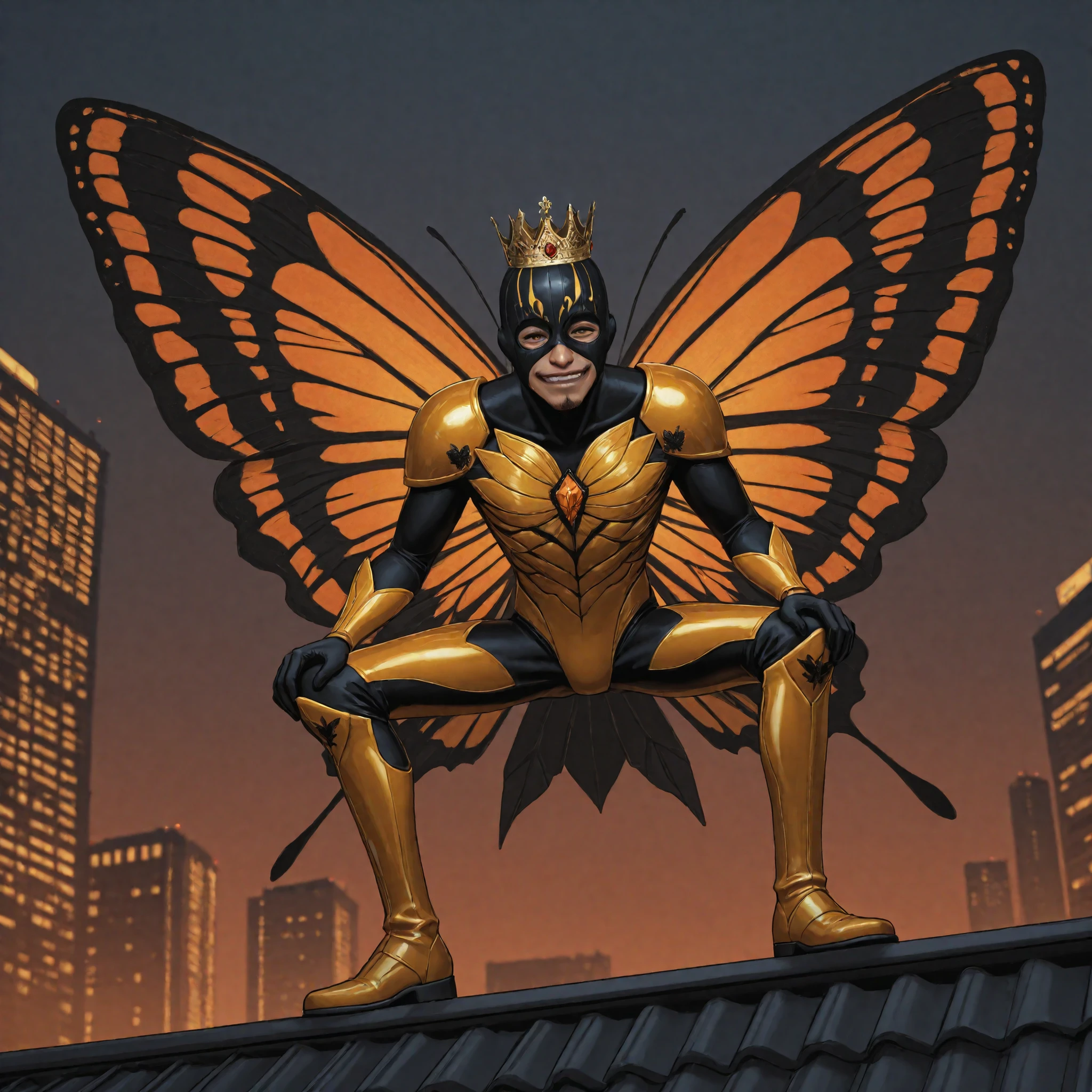 Skinny man with sharp features in orange and black monarch butterfly suit, wearing high boots, with yellow armor, in the crown, with a long black goatee, balaclava, thick long eyebrows, proud pose, gloating smile, on the roof of a skyscraper