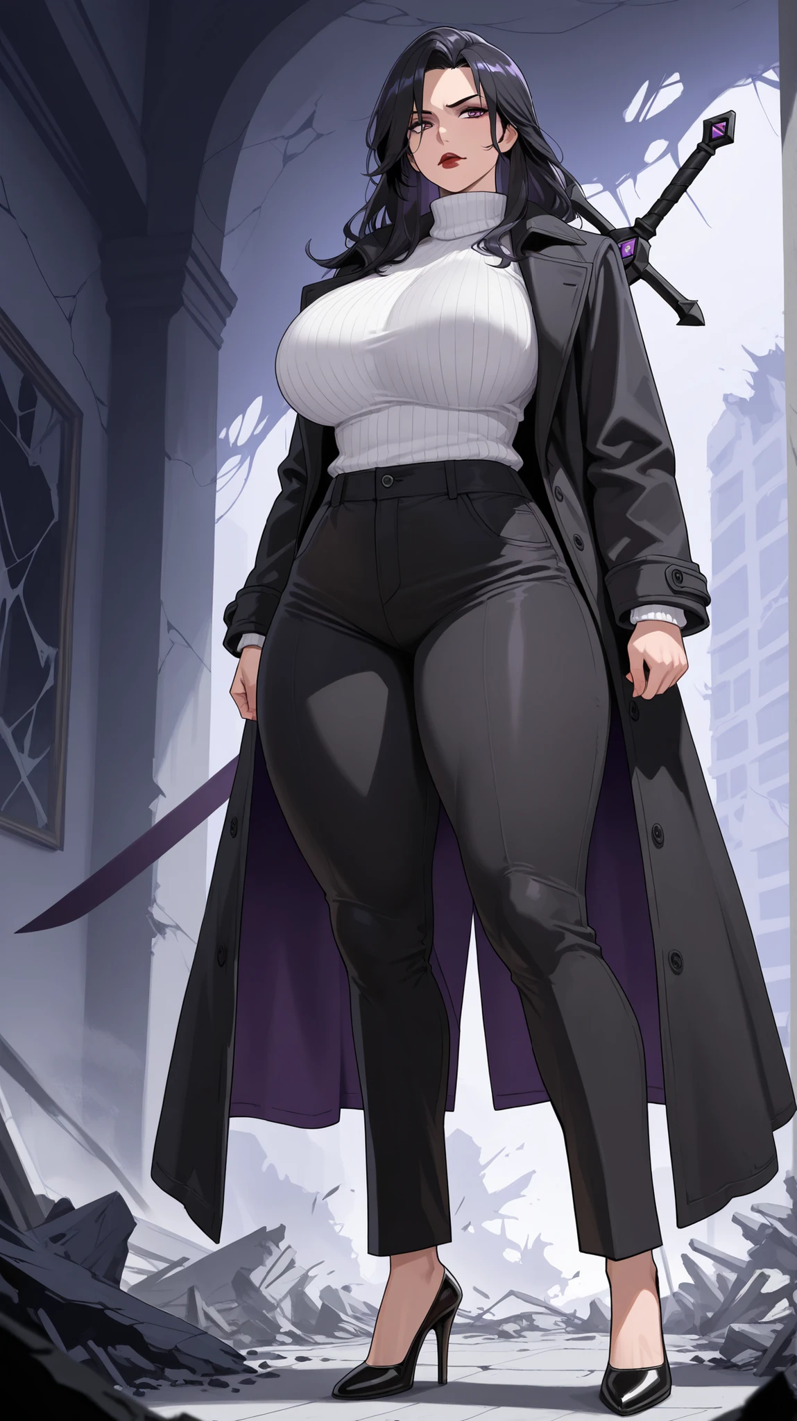 blank background, (((full body))), (masterpiece), ((best quality)), ((tall girl)), straight hair (curvy:1.8), (short skirt), shoes, belt below navel, redhead hair,, (black suit and tie), wide hips