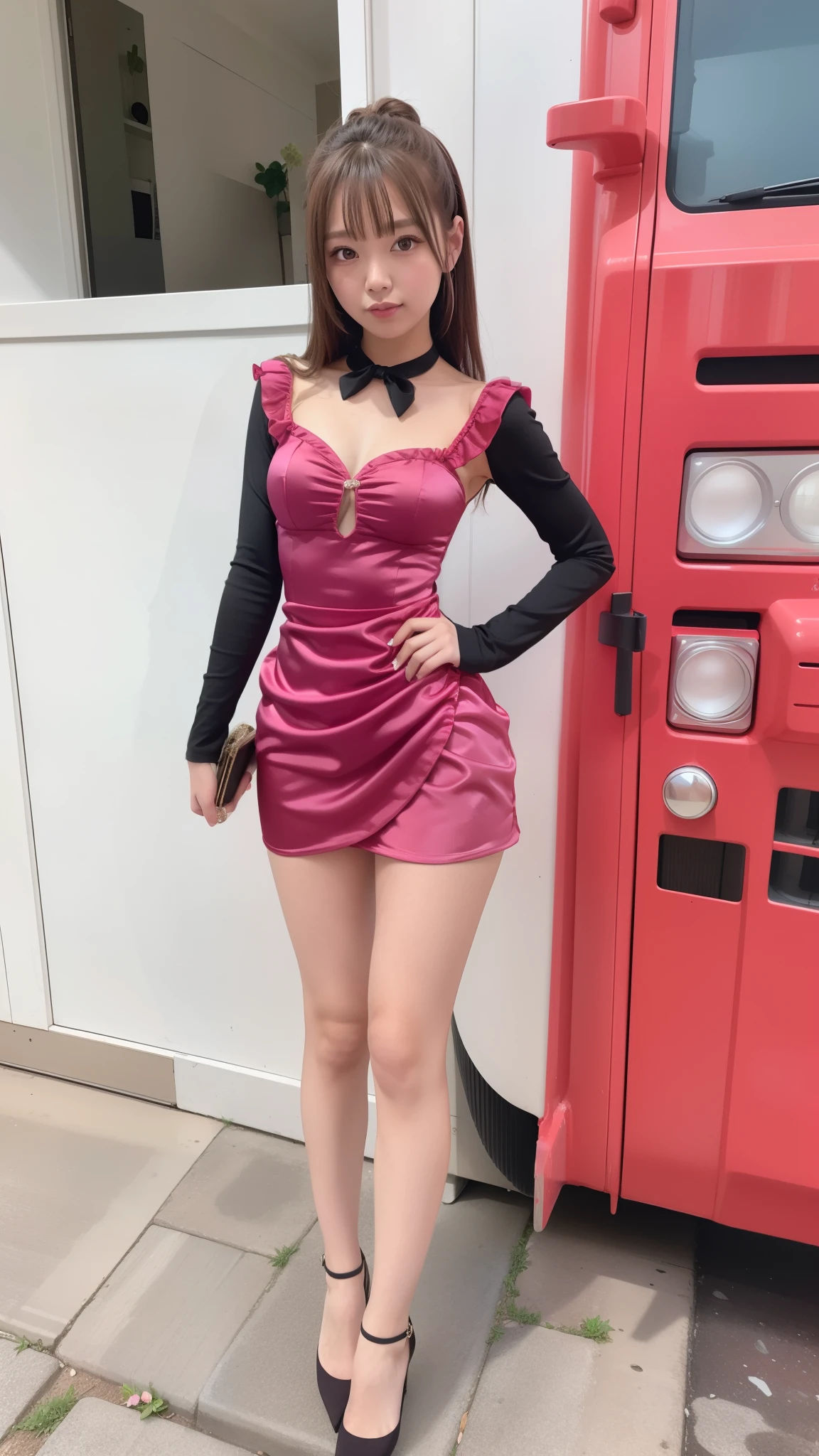 Arakfi woman in pink dress poses in front of glass case, ((Pink)), Pink clothes, (in pink), Pink girl, peach and goma style, bubblegum body, Pink dress, Pink body, Pink, wearing crop top and miniskirt, y 2 k style, Y2K style, pink mini-skirt, Pink vibe, some pink