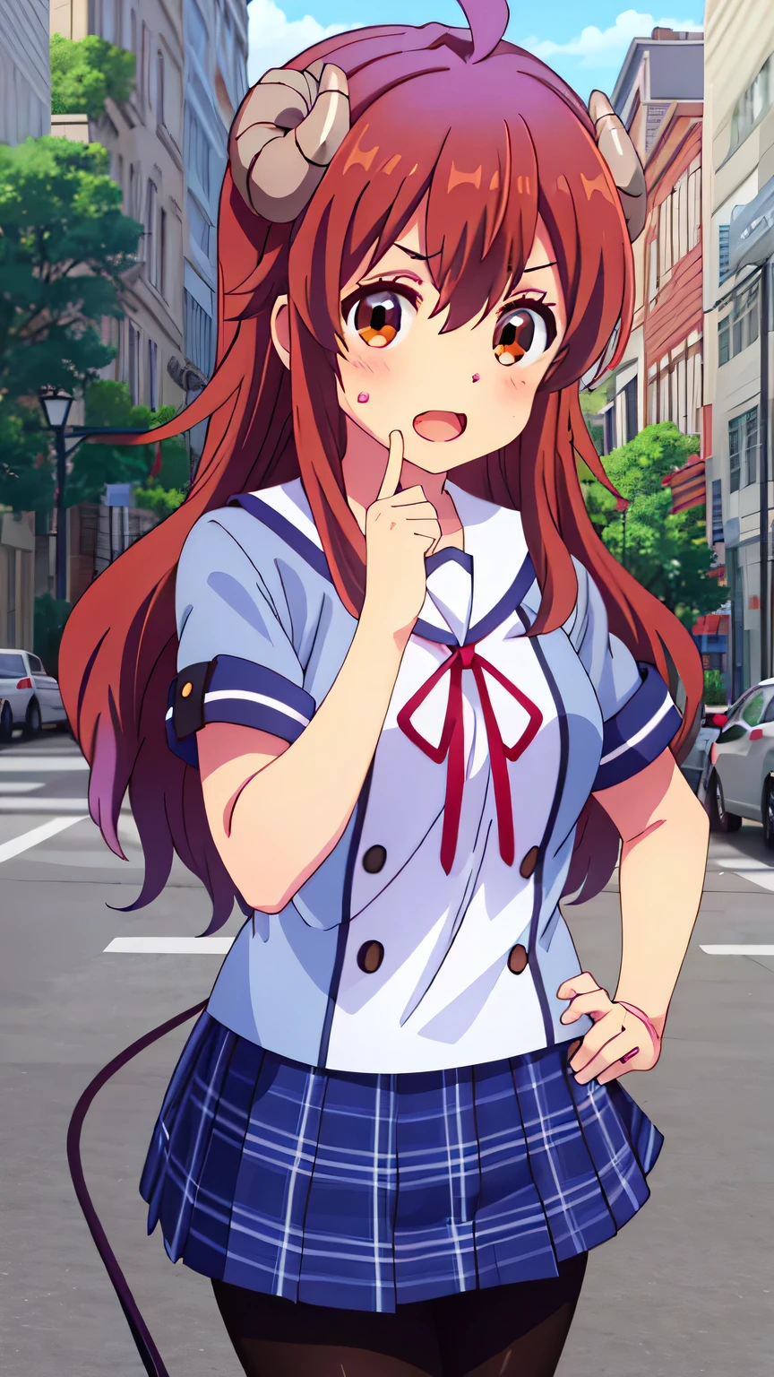 {{{masterpiece}}}, (best quality:1.5), (ultra-detailed:1.5), {illustration}, {{an extremely delicate and beautiful}}, (beautiful detailed eyes:1.6), absurdres, highres, extremely detailed face, 16k, hd, visual anime de uma jovem mulher, extremamente bonito rosto de anime, anime melhor garota, (perfect hands, perfect anatomy), anime face, yoshida yuuko(Machikado Mazoku), yuuko yoshida, shamiko, 1girl, solo, cute face, ager, long hair, hair between eyes, bangs, brown hair, ahoge, sidelocks, horns, (brown eyes:1.3), demon tail, large breasts, big hips, curvaceous, BREAK, {school uniform}, blue shirt, long shirt, short sleeves, white sailor collar, red ribbon tie, short skirt, (plaid skirt:1.2), blue skirt, (black pantyhose:1.3), brown loafers, BREAK, cool face, open mouth, walking, flushed cheeks, looking at viewer, outdoor, city, building, sky, daytime, cowboy shot