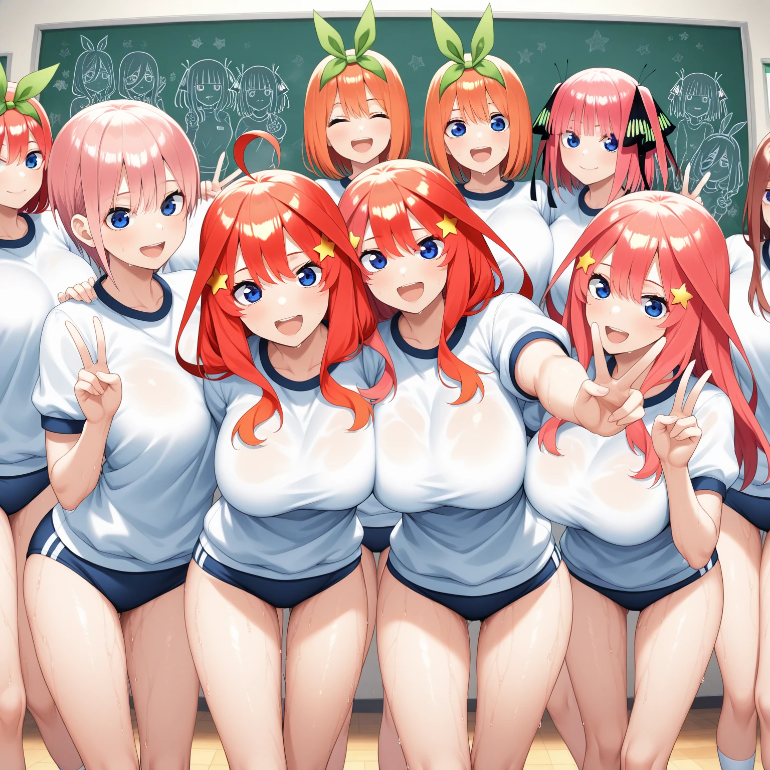 (Top quality illustrations:1.3), (Full color illustrations:1.9), (cute女の子5人:1.5), (Five Girls、Alongside), (School classroom)、(平行にAlongside立つ)、Commemorative photo、 (Five Girls、Non-virgin、s old、Mature、cute、(Gal)、Slightly smaller breasts、Slightly narrow waist、Ultra-detailed eyes:1.2)、(high school girl)、(Prostitute:1.2)、 (Non-virgin:1.2)、 Thighs Thighs、(((((nude)))))、(((Dark brown nipples)))、(((Areola of black color)))、(((Front facing)))、Facing forward、Laughter、friend、Bold Pose、Sexy pose、Seduce your audience、Love your audience、(Black Hair、Blue Hair、Orange Hair、Brown Hair、Pink hair、Red hair、Blonde)、(short hair、Mid-length hair、Semi-long hair)、Hair length、(Straight Hair、Wavy Hair、Curly Hair、Bobcut、Twin tails、ponytail)、(Good balance between face and body:1.7)、(Good balance of girl placement:1.8)、